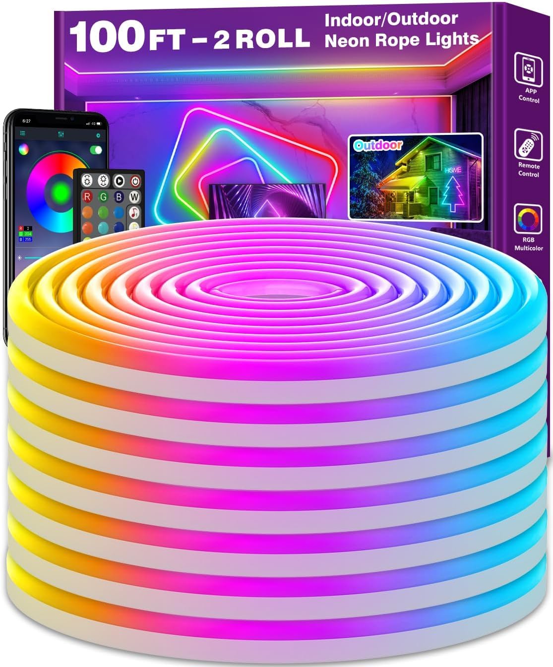 NUERPO 100Ft Neon Rope Lights, Flexible LED with App/Remote Control, IP65 Waterproof, Music Sync, RGB for Outdoor/Indoor Decor