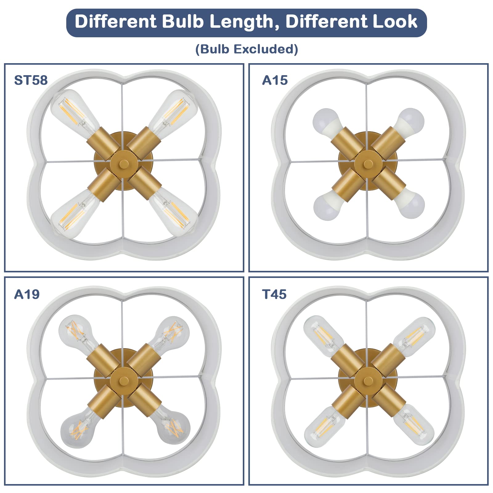 Beslowe 4-Light Gold Semi Flush Mount Ceiling Light, White Fabric Shade For Bedroom & Hallway