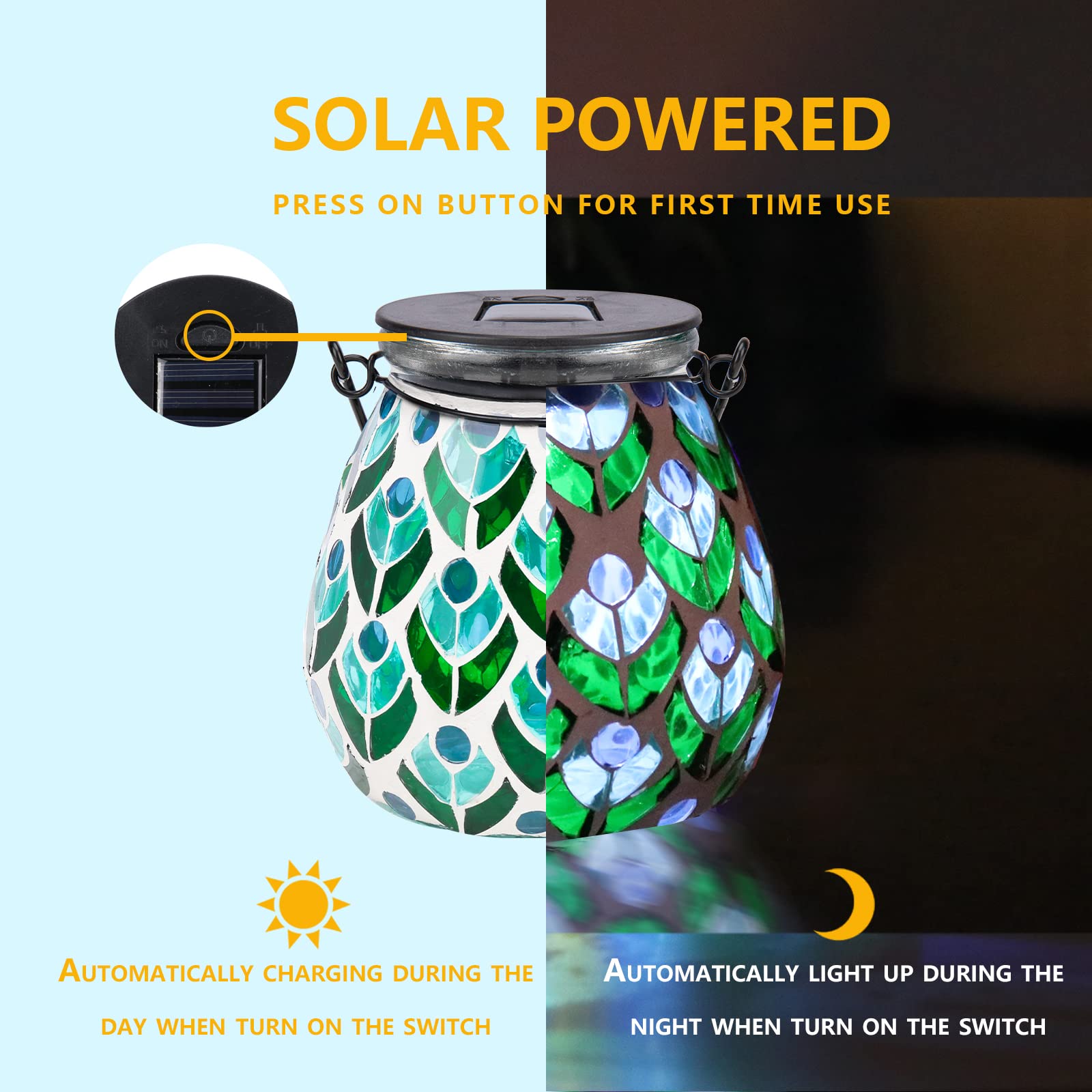 Afirst Mosaic Solar Lantern - Glass Hanging Waterproof Table Lamp for Garden, Patio, Holiday; Peacock Color, Model 4431880