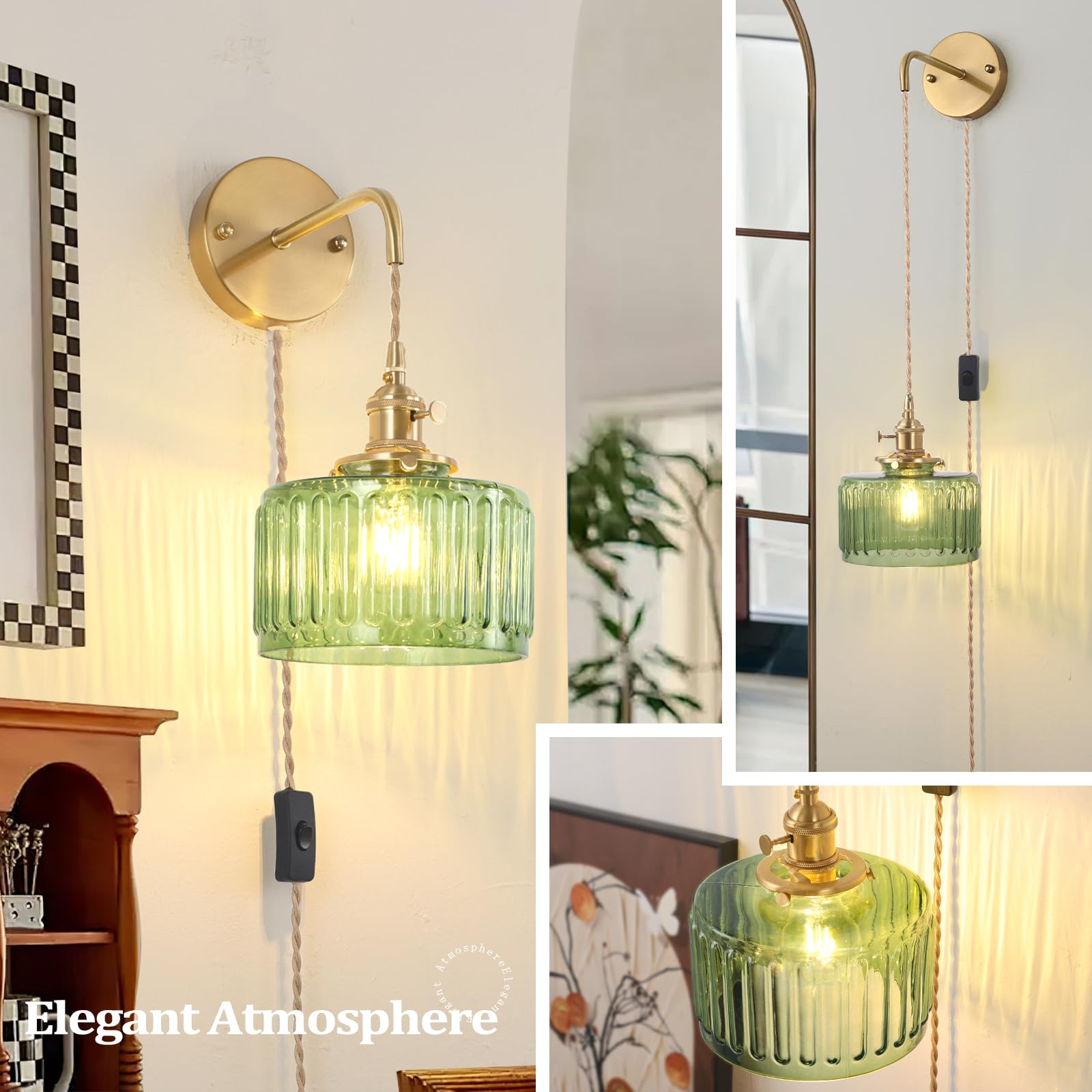 Shenmoyl Vintage Wall Sconce Lamp, Green Striped Glass Shade, Plug in, Brass, Model 1-9390