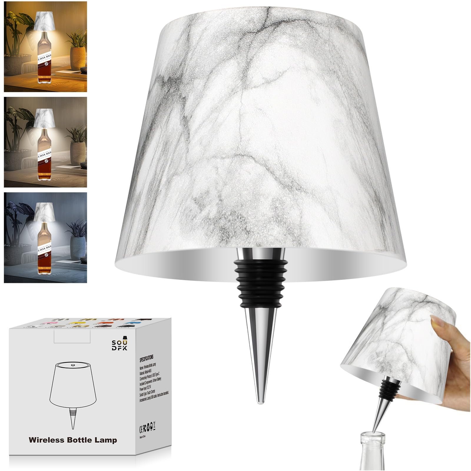 SOUDFK Wireless Bottle Lamp,2025 New 3 Color Rechargeable Wine Bottle Lights for Bars Restaurants (Marble Color)