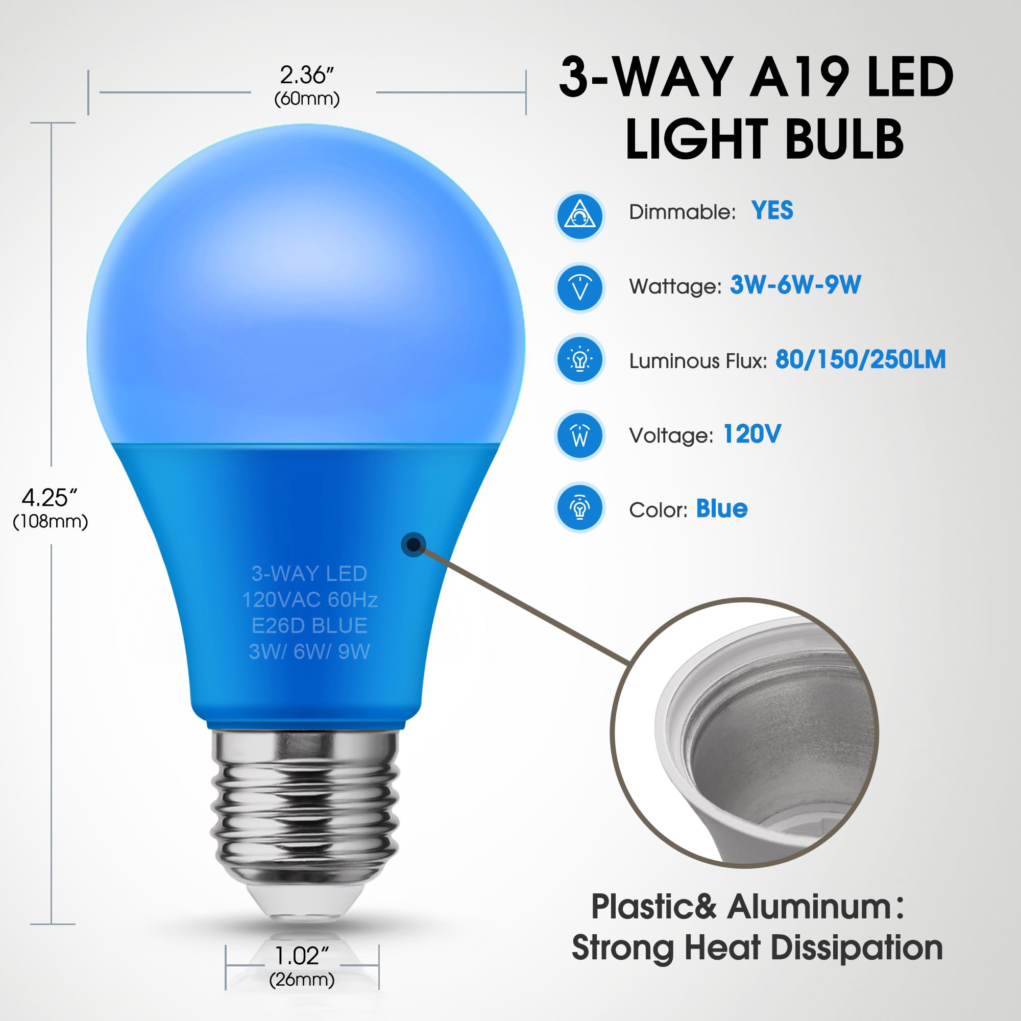 Briignite 3 Way Blue Led Light Bulbs, E26 Medium Base, 30/70/100W Equivalent, 2