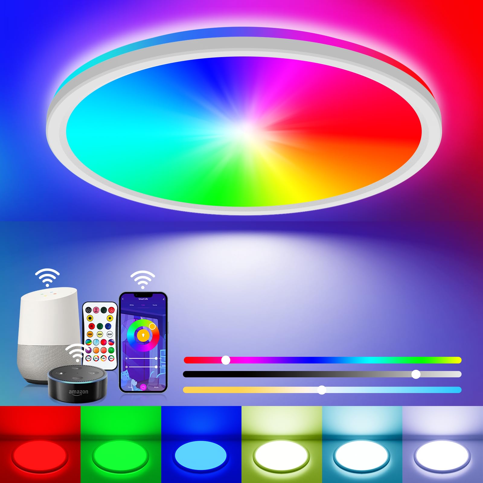 Zemty Smart Rgb Ceiling Light Dimmable, 24W 3000K-6500K Flash Mount Light Fixture Color Changing With Remote And App, Ceiling La
