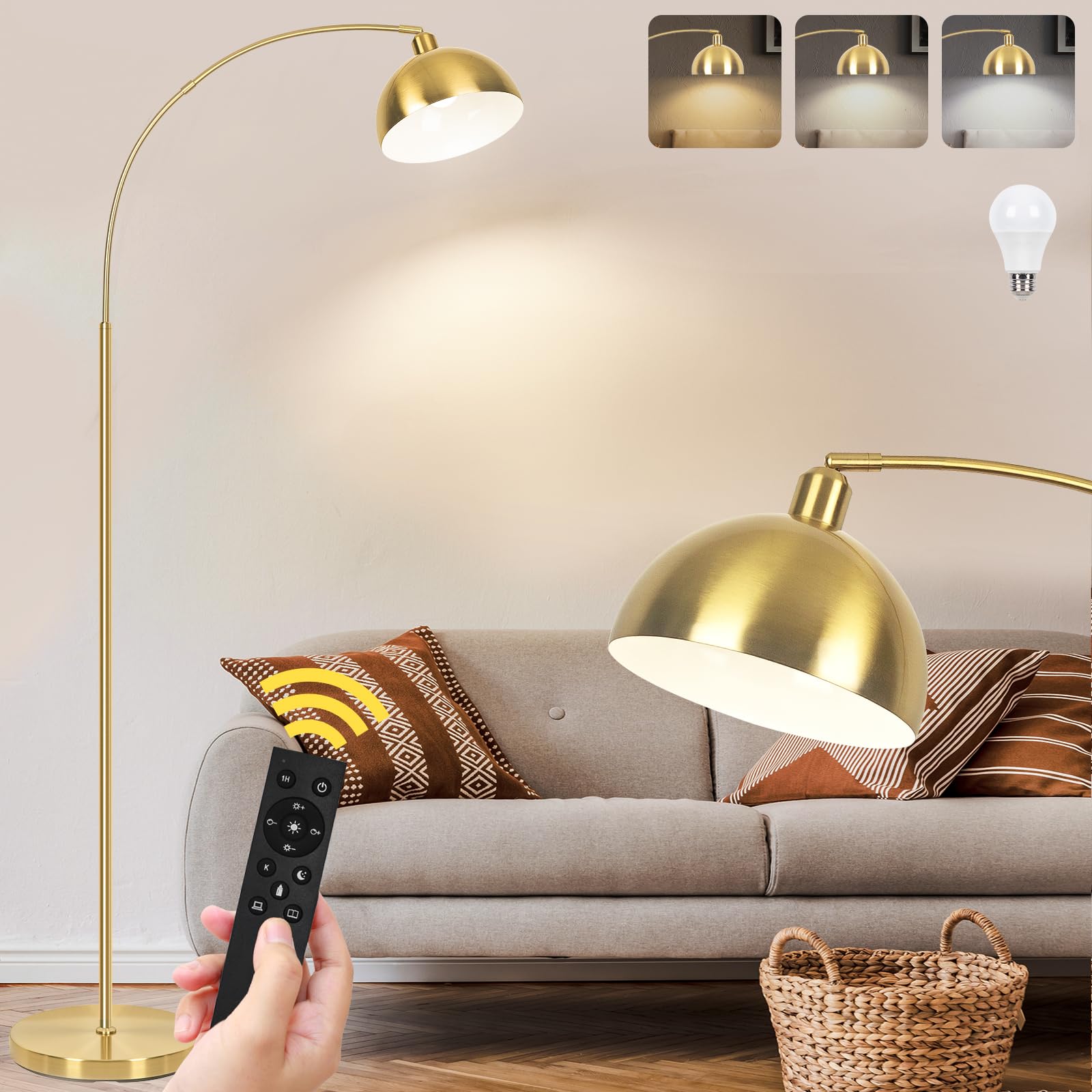 VenzBlomia ?Upgraded? Arc Floor Lamps for Living Room - Stepless Dimmable Gold Tall Lamp with Remote Control & Color Temperature
