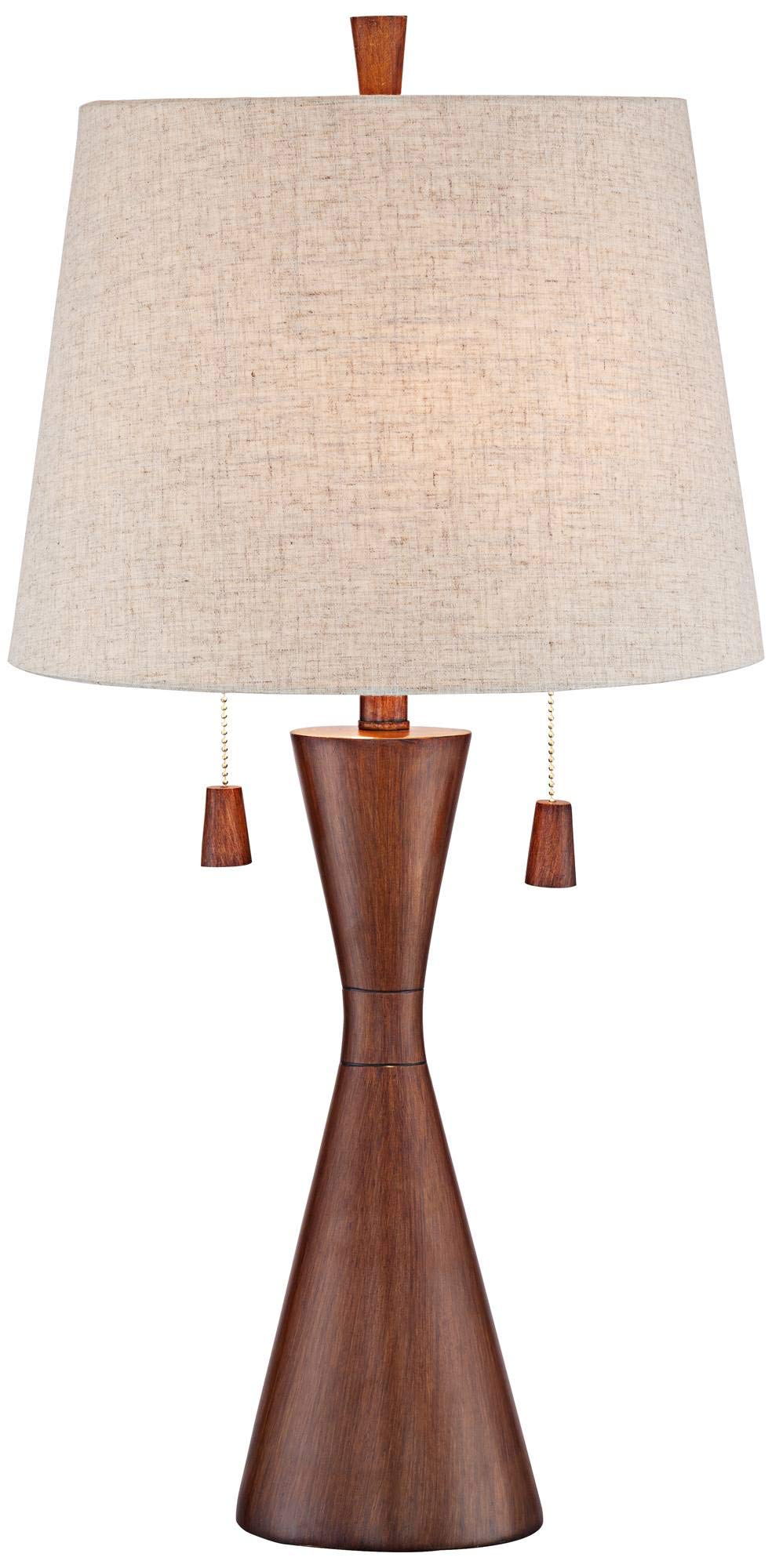 360 Lighting Omar Modern Table Lamp 28 3/4'' Tall Warm Brown Wood Hourglass Oatmeal Fabric Tapered Drum Shade for Bedroom Living