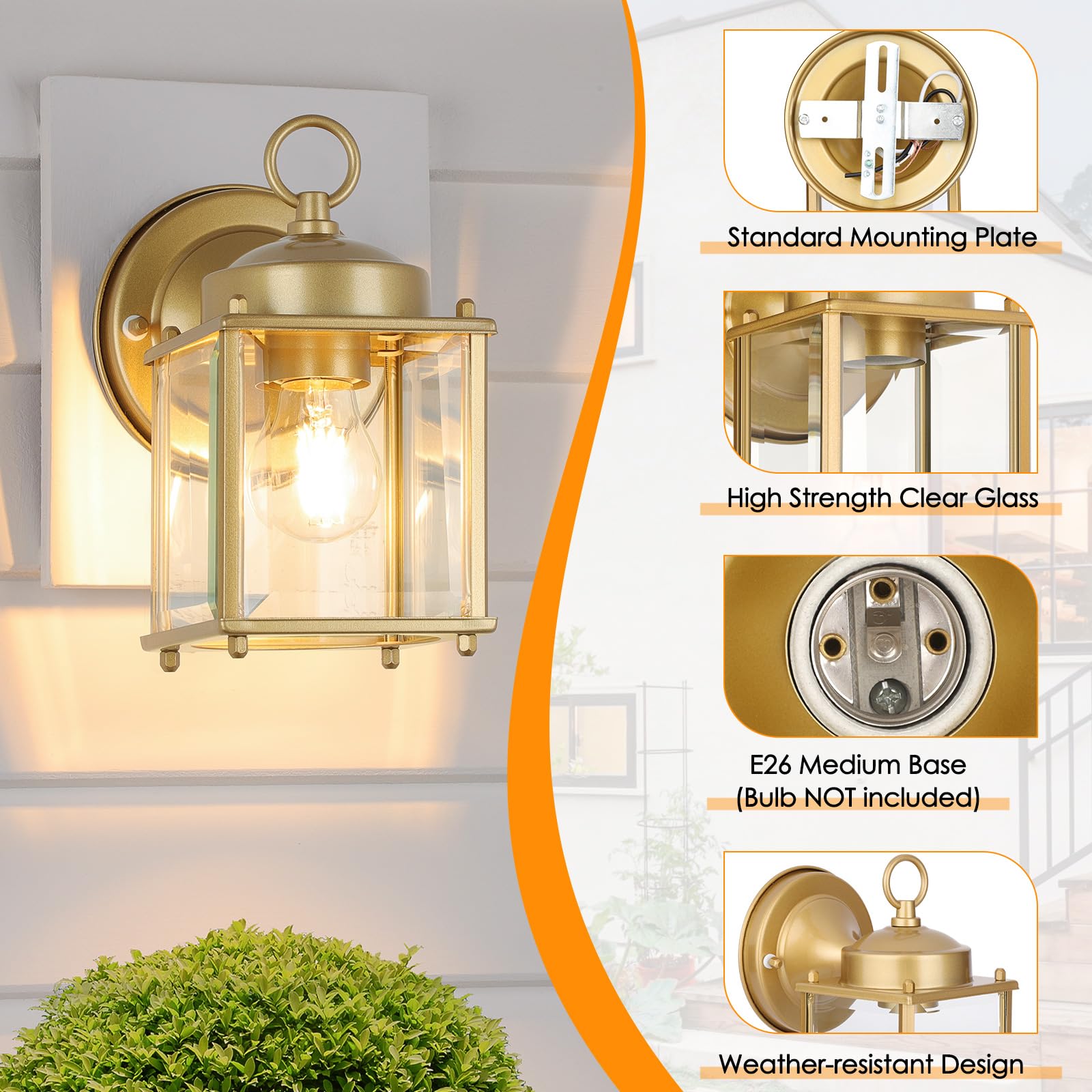 Matameye Outdoor Wall Lantern, Exterior Waterproof Wall Sconce Light Fixtures, Gold Front Door Wall Lighting With Clear Beveled
