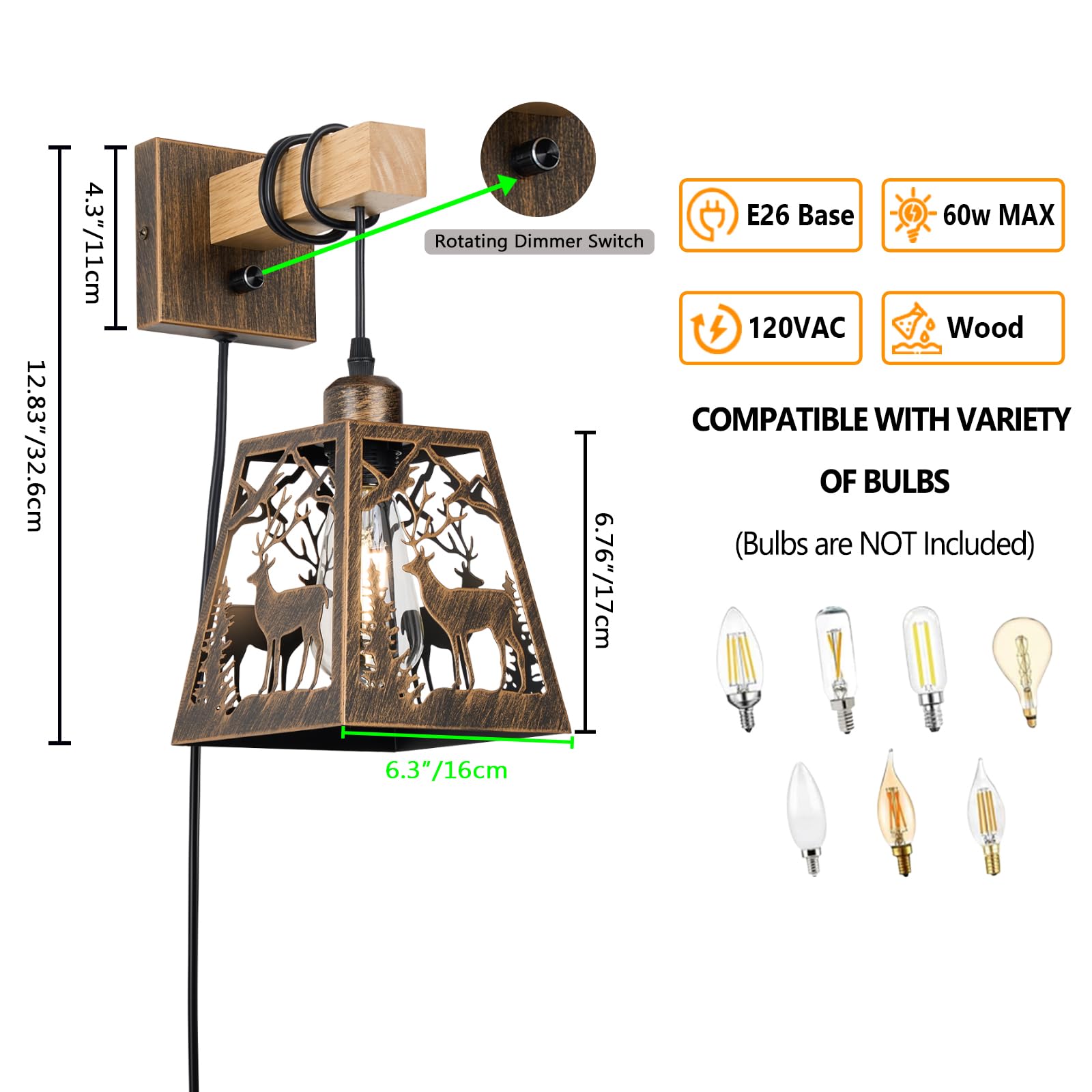 Monyohame Plug in Wall Sconces Set of 2, Rustic Metal and Wood, Vintage Deer Design, Ideal for Bedroom, Living Room, Hallway