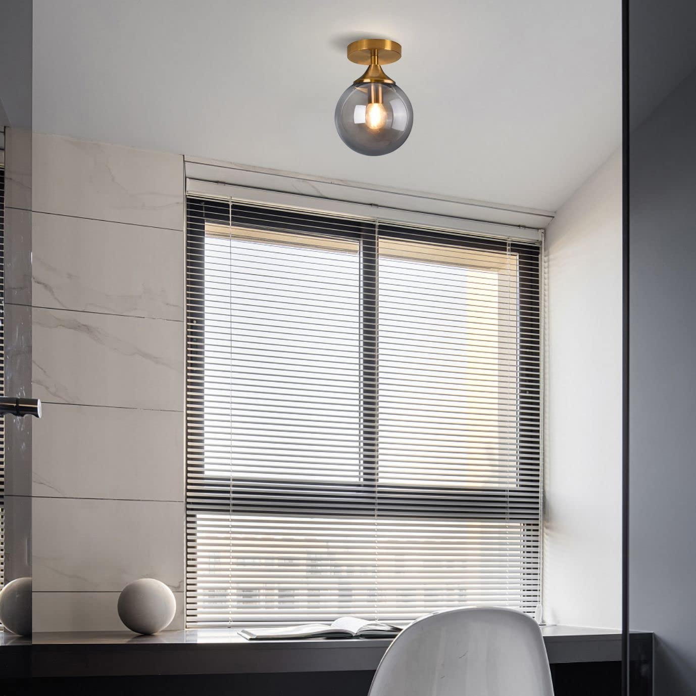 KCO Lighting Mid Century Modern Ceiling Light, Smoke Gray Glass, Brushed Gold, Model C1073-S, Small Globe Flush Mount for Hallway or Bedroom