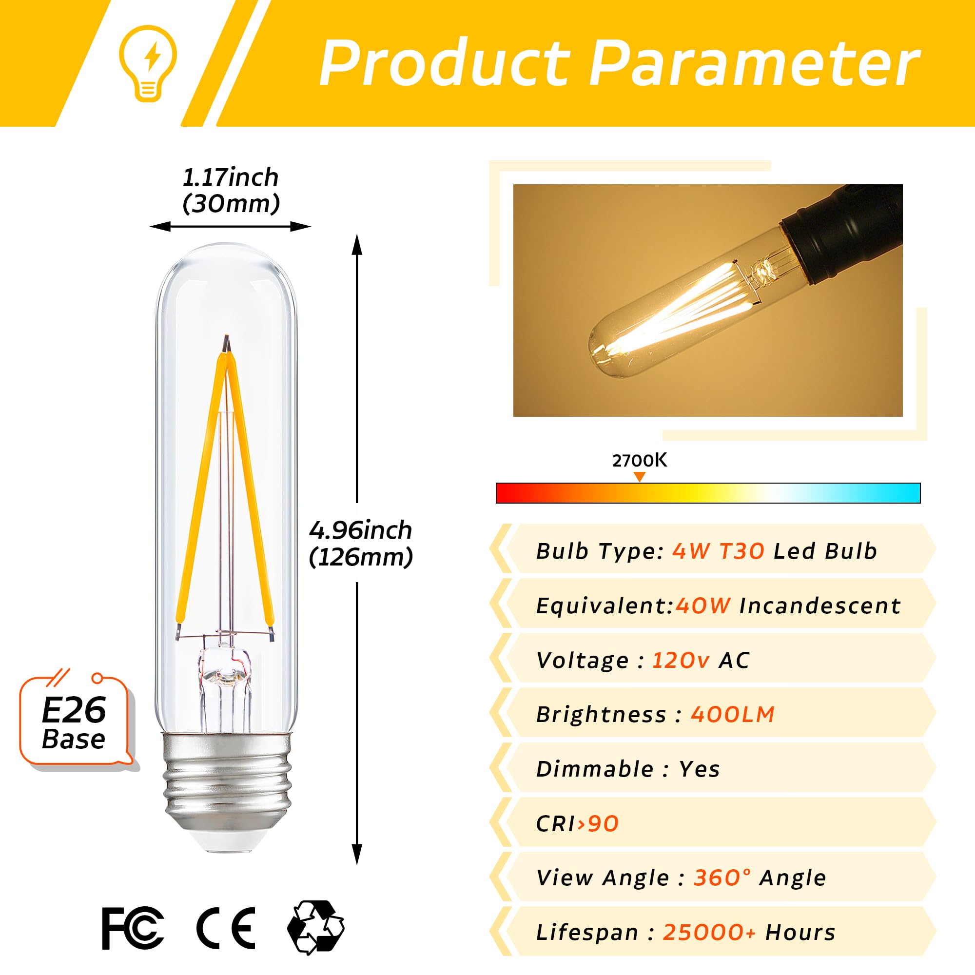 PADMO LUDAZ Dimmable T10 LED Bulb 4W 40W Equivalent, Warm White 2700K, Glass, Pack of 4
