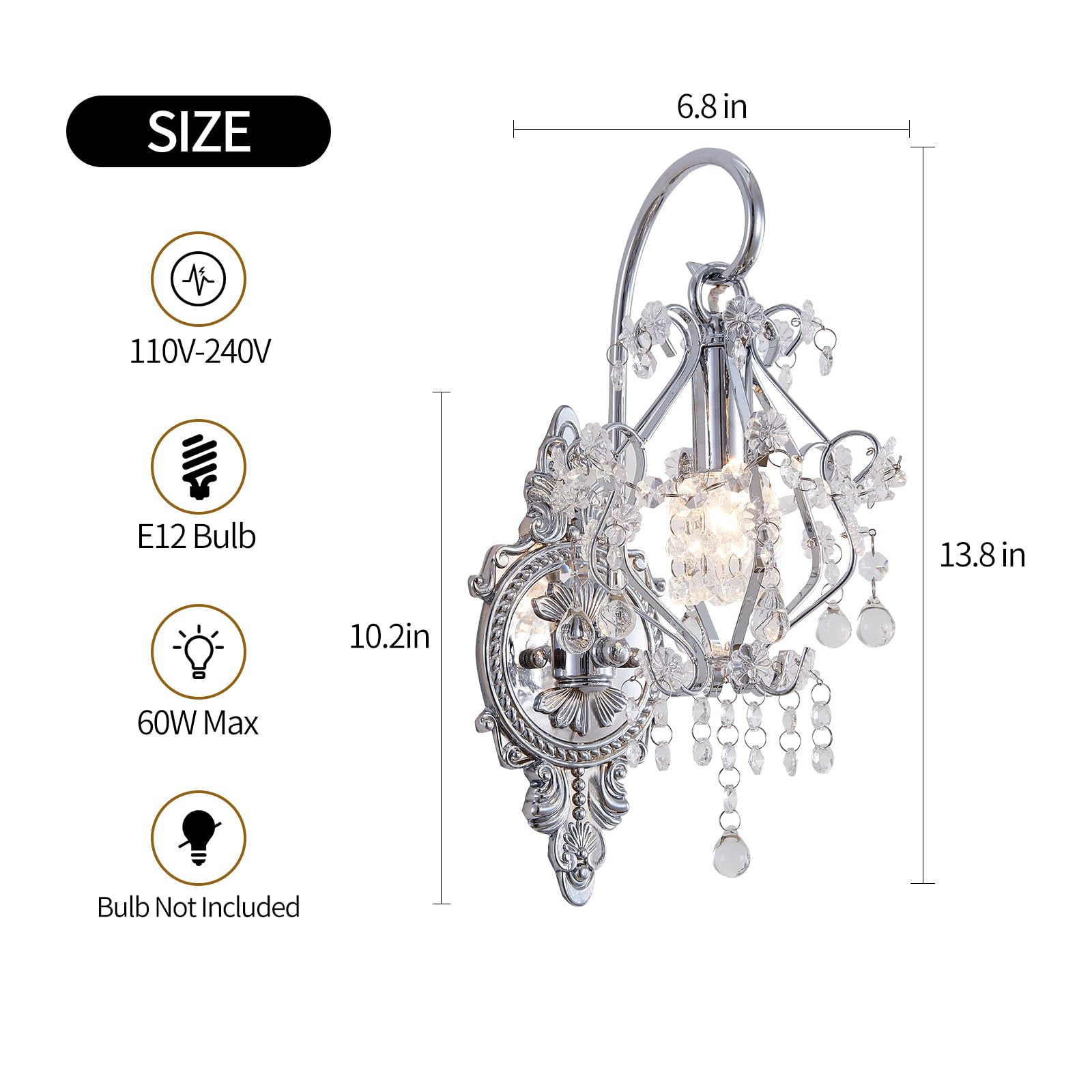 Fetason 2 Pack Hardwired Silver Wall Sconces, Vintage Crystal Light Fixture, E12 LED Bulb, Ideal for Bedroom, Living Room, Bathroom