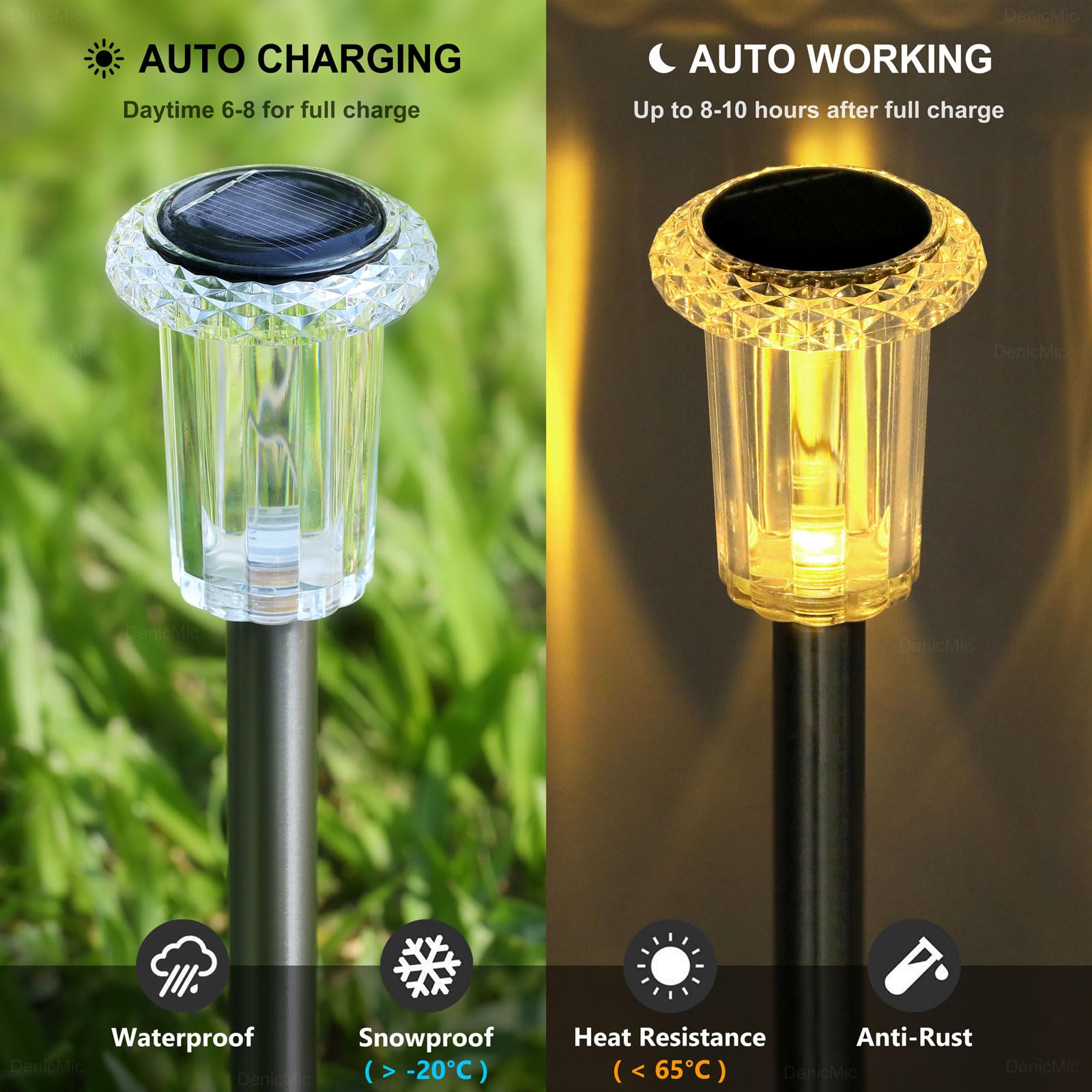 Denicmic Solar Lights Outdoor Pathway Lights 3000K Led Waterproof Acrylic Lamp Head Stainless Steel Stake For Yard Garden Landsc