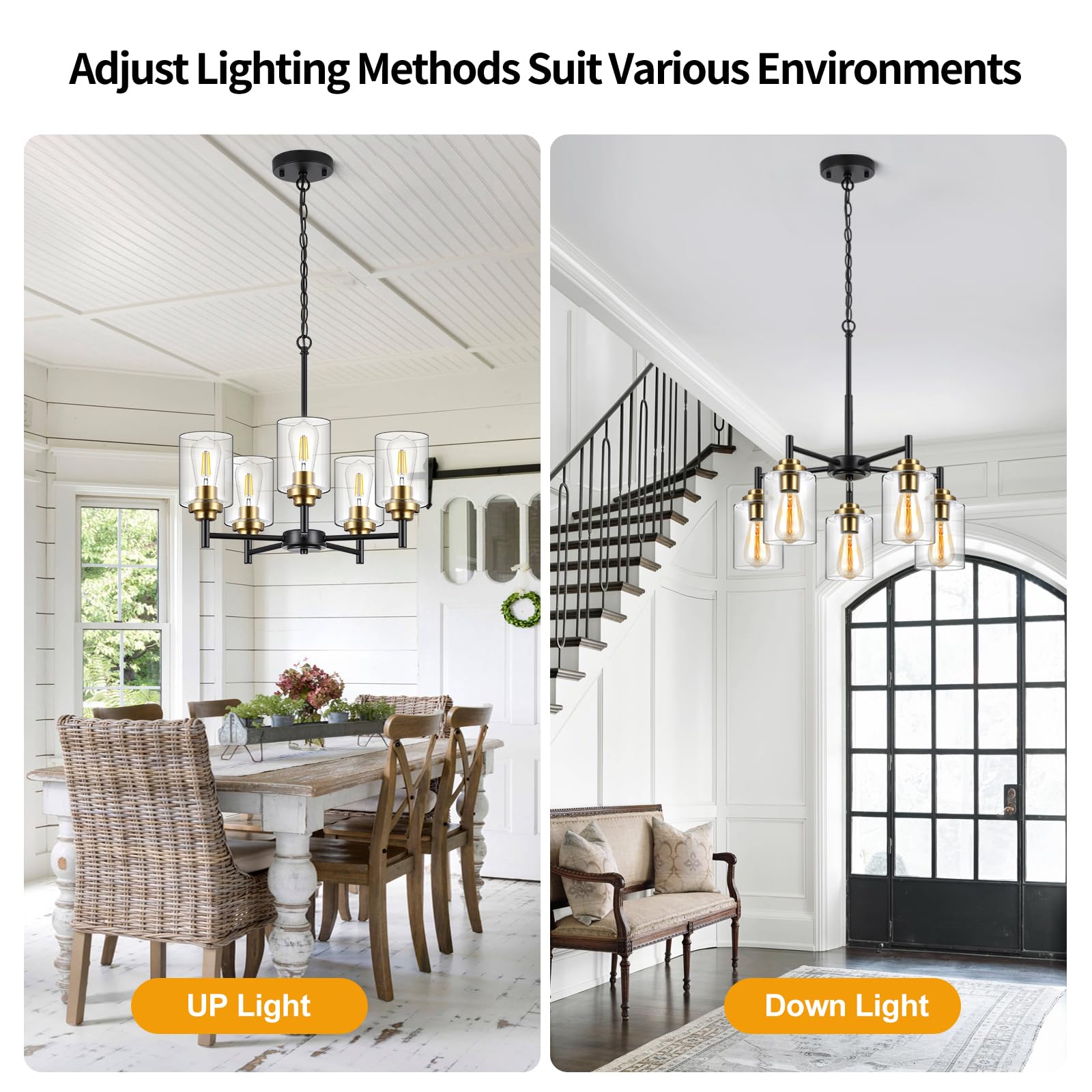 9Mmml 5 Lights Glass Chandelier,Modern Kitchen Island Lighting Black And Gold Metal Dining Room Light Fixture For Living Room Fo