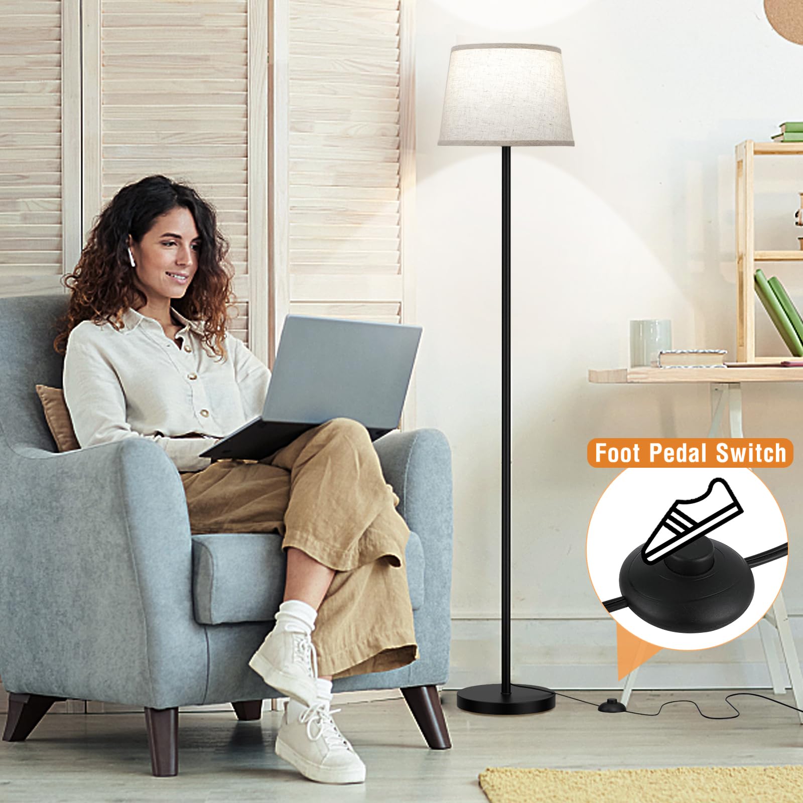 Raexpectis Modern Floor Lamp with Remote Control, Dimmable, Metal, Beige Shade