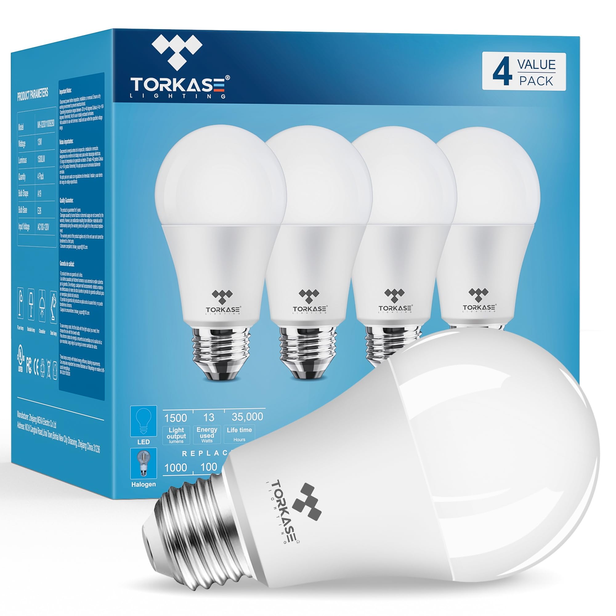 Torkase A19 LED Bulbs 100W Equivalent, 13W 1500 Lumens, 3500K Soft White, 4 Pack