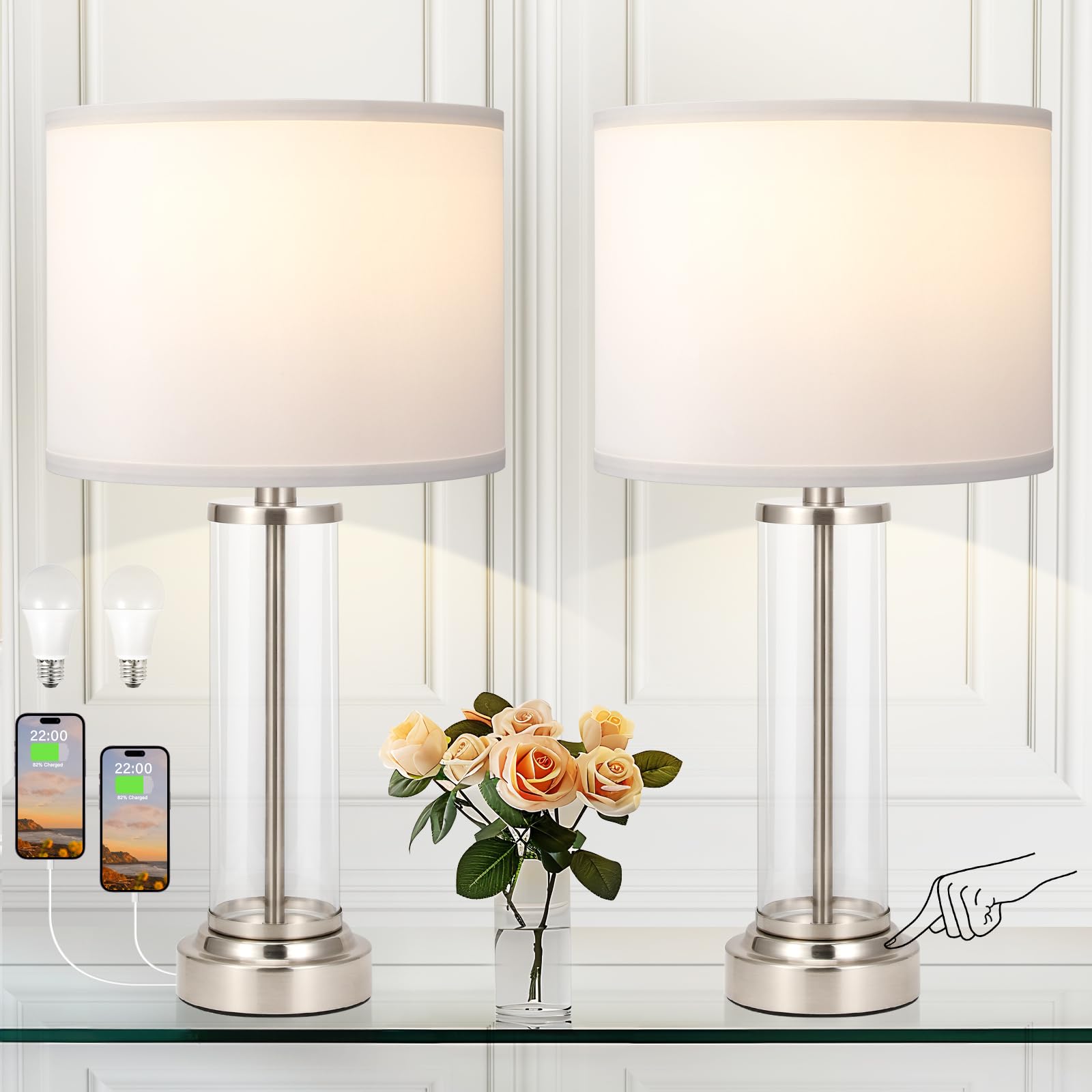 Nickel Bedroom Lamps Set of 2 - Touch Bedside Lamp for Night Stands with USB C+A, 3 Way Dimmable Nightstand Table Lamps for Livi