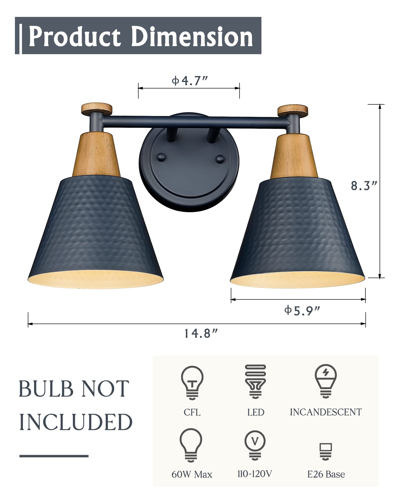 FEMILA 2-Light Bathroom Vanity Light Fixtures, Hammered Metal Shade, Dark Blue Wall Sconces for Mirror, Kitchen, Bedroom