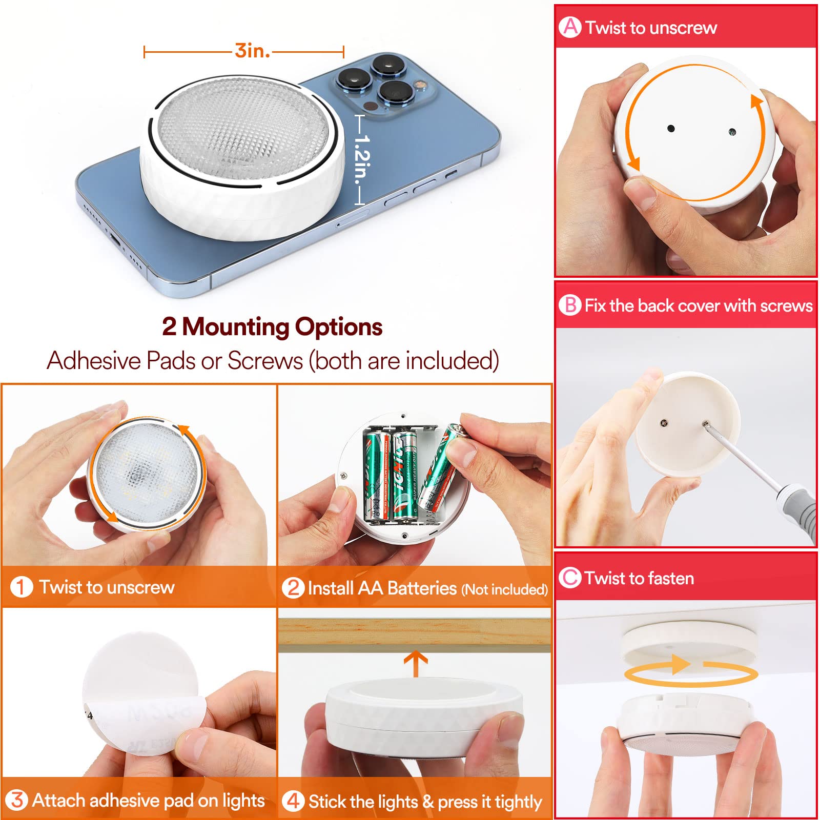 TECOMLIGHT LED Puck Lights with Remote Control, Wireless Battery Operated, Color Changing, 6 Pack, White, Model 5#-F-22-02