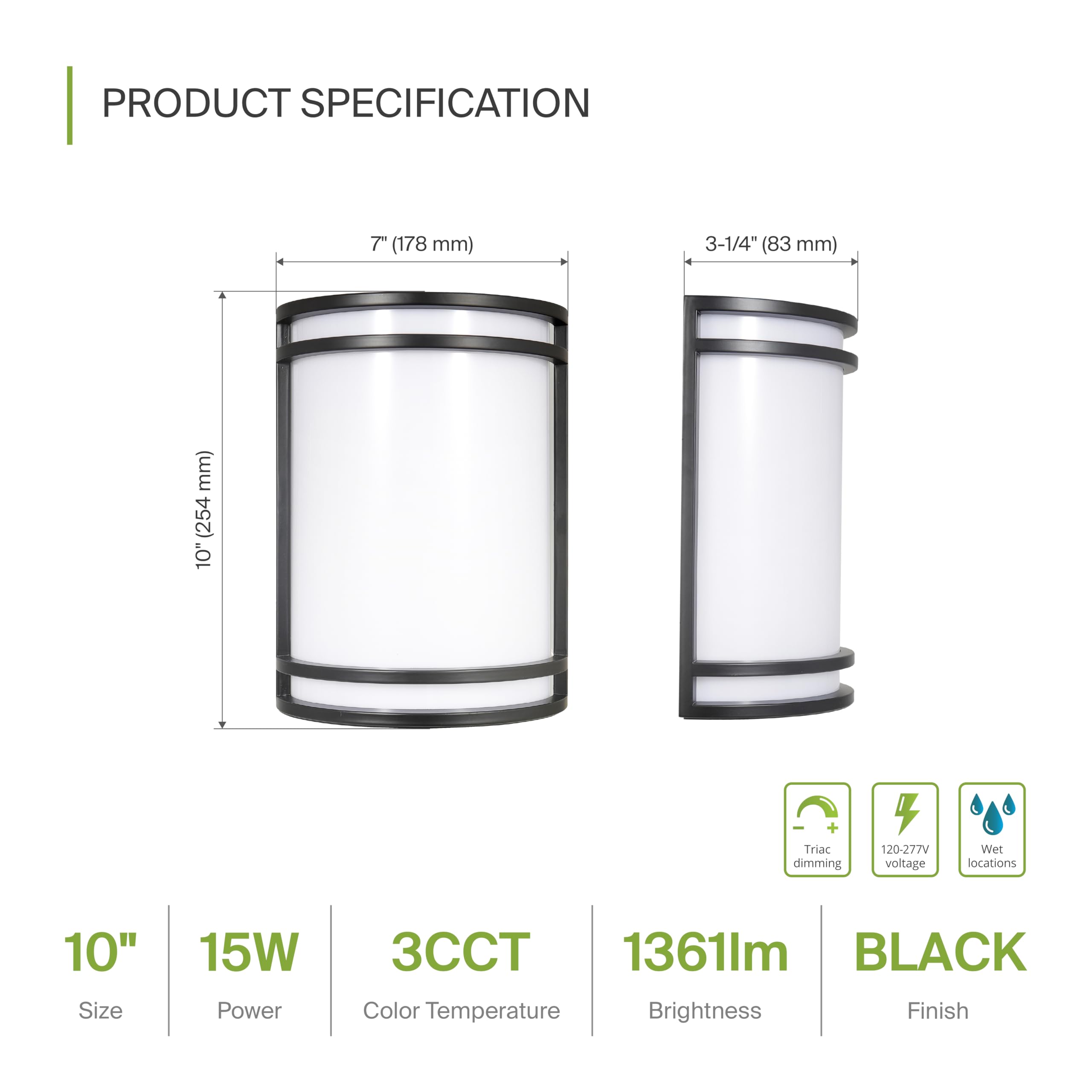 ASD 10 Inch LED Outdoor Wall Mount Light Fixture - Matte Black Modern Wall Sconce Lighting - 120-277V 15W 3000/4000/5000K Adjust