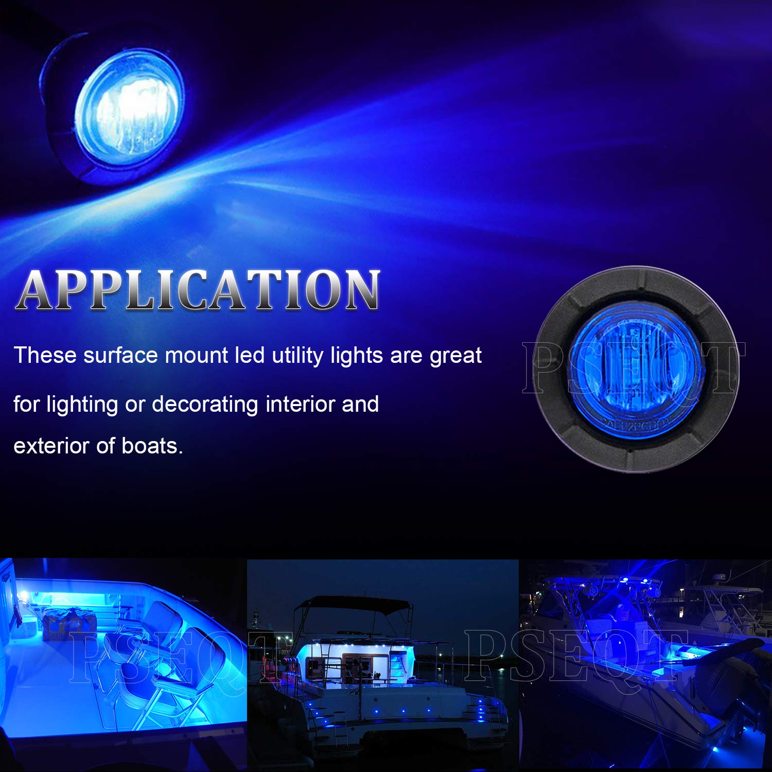 PSEQT LED Round Boat Interior Deck Light, Waterproof, Blue, 1in  x 1in  x 0.83in , Model PSEQTXA004B, 10 Pcs