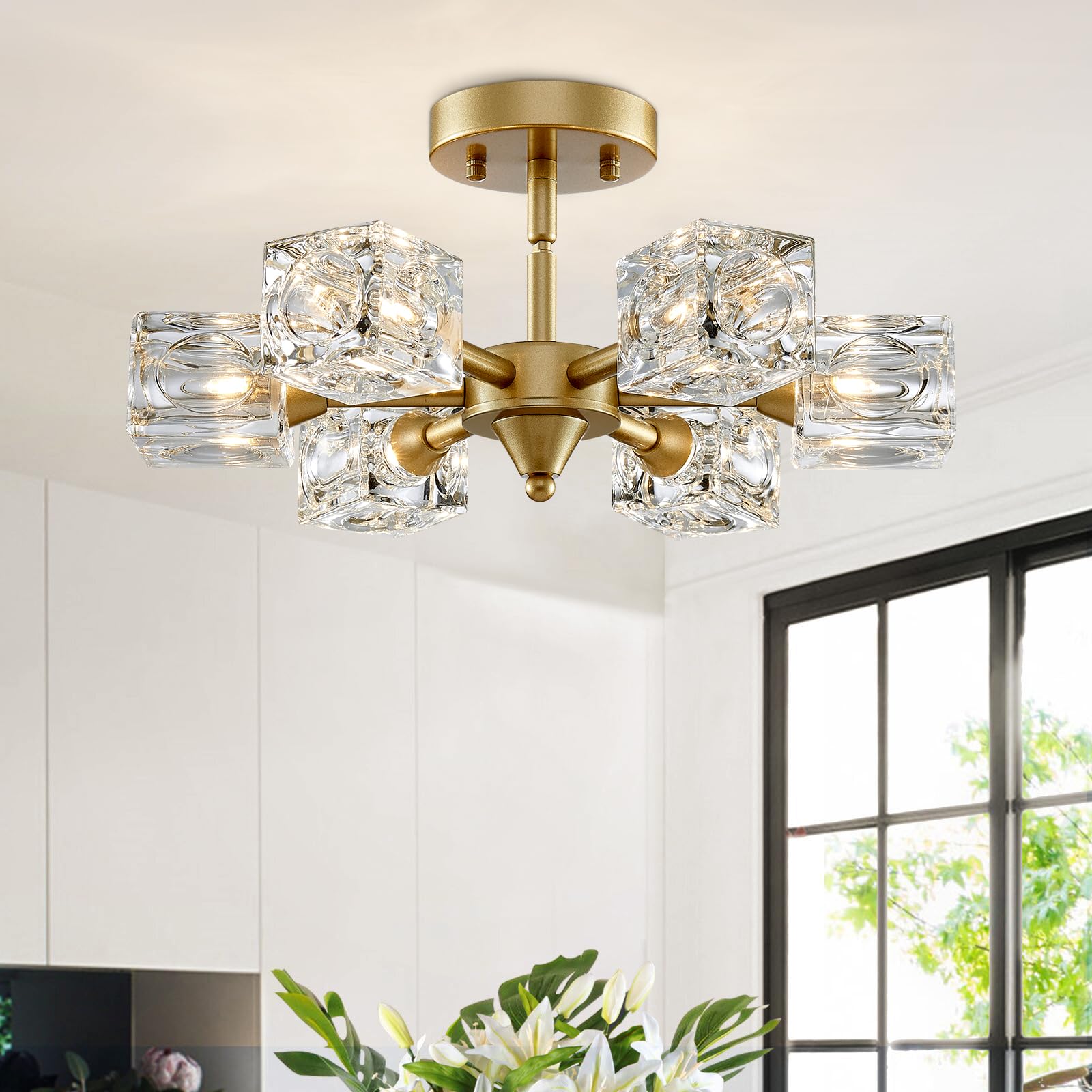 Peskoe Gold Ceiling Light, 6-Light Modern Sputnik Chandelier, Dining Room Light Fixture For Living Room Bedroom Kitchen Hallway 