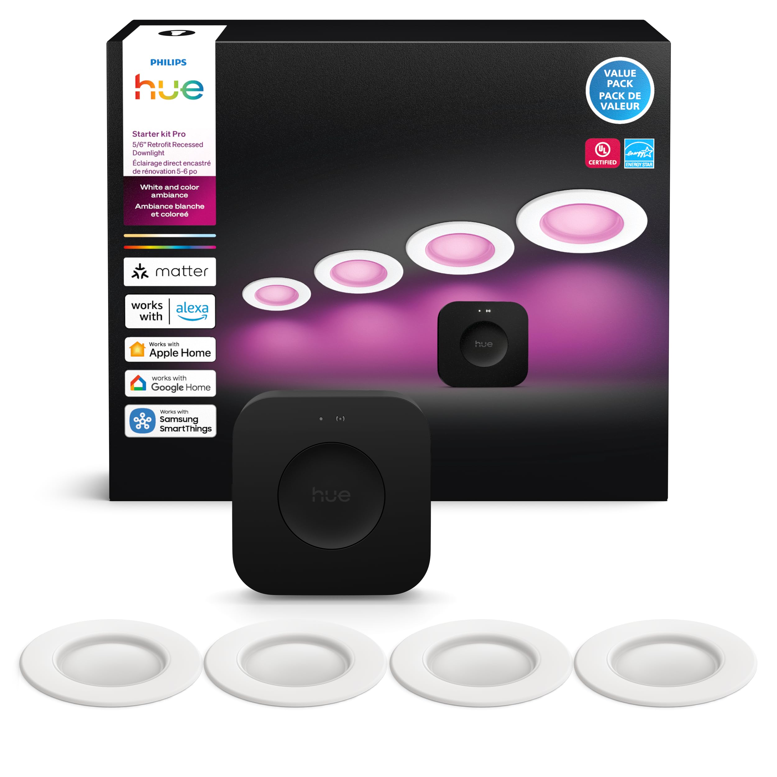 Philips Hue Starter Kit: Bridge Pro & 4 Retrofit Recessed Downlights 5/6-inch, White & Color Ambiance, Dimmable, Smart Light Hub