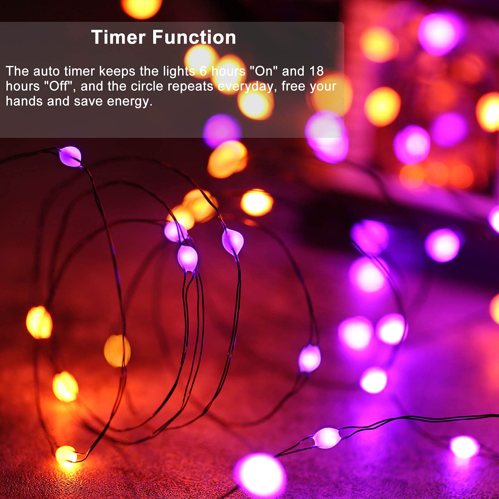 Lomotech Orange Purple Halloween Lights, 2 Pack 16.4Ft 50 Led Battery Operated Halloween Fairy Lights With Timer Function, 8 Mod