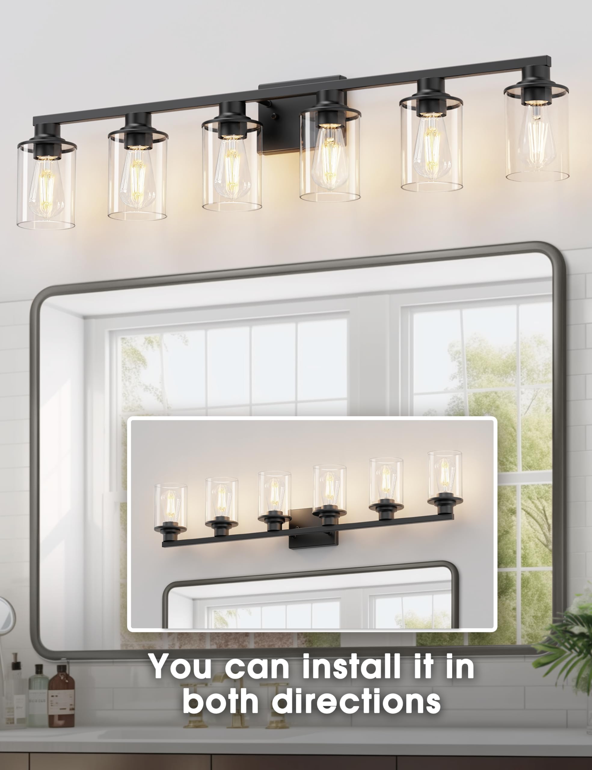 DORESshop 6-Light Bathroom Light Fixtures, Black Vanity Lights with Clear Glass Shade, ETL Listed