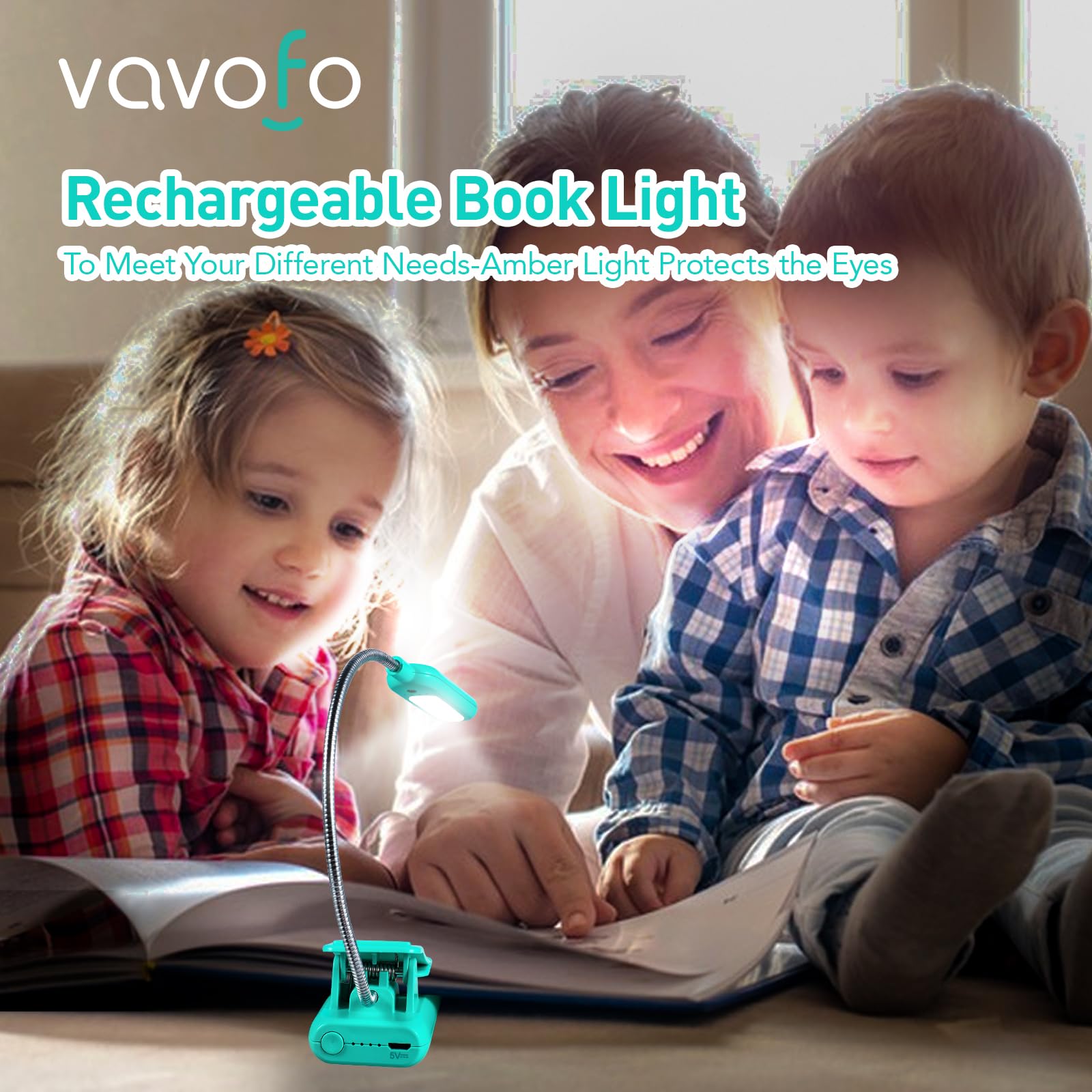 VAVOFO Rechargeable Book Light, 7 LEDs, Amber 1600K, Clip On, 1-Pack, Emerald Green, Model KM-6720A