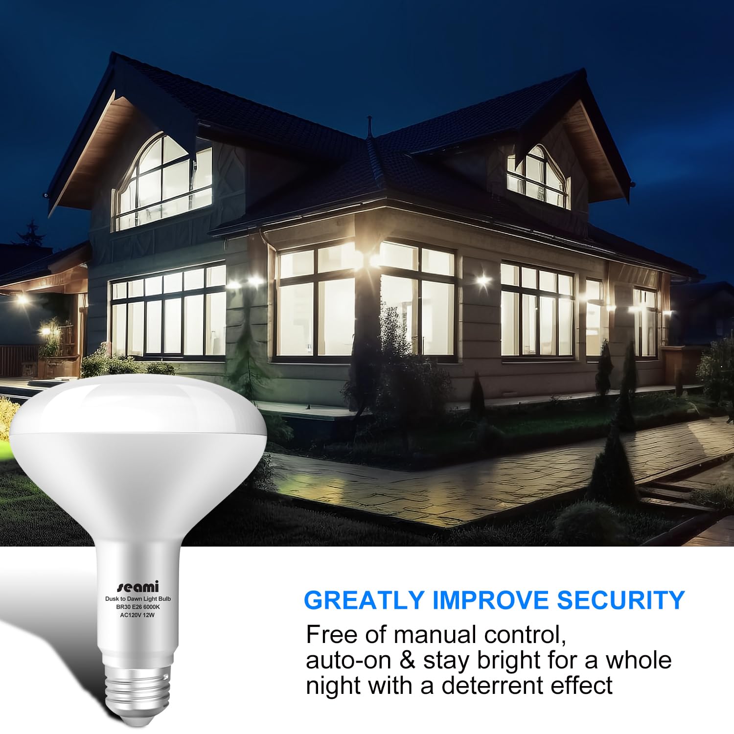 seami Dusk to Dawn LED BR30 Light Bulbs, 12W E26, 6000K Daylight, Auto On/Off, Pack of 4, Model SPGG01