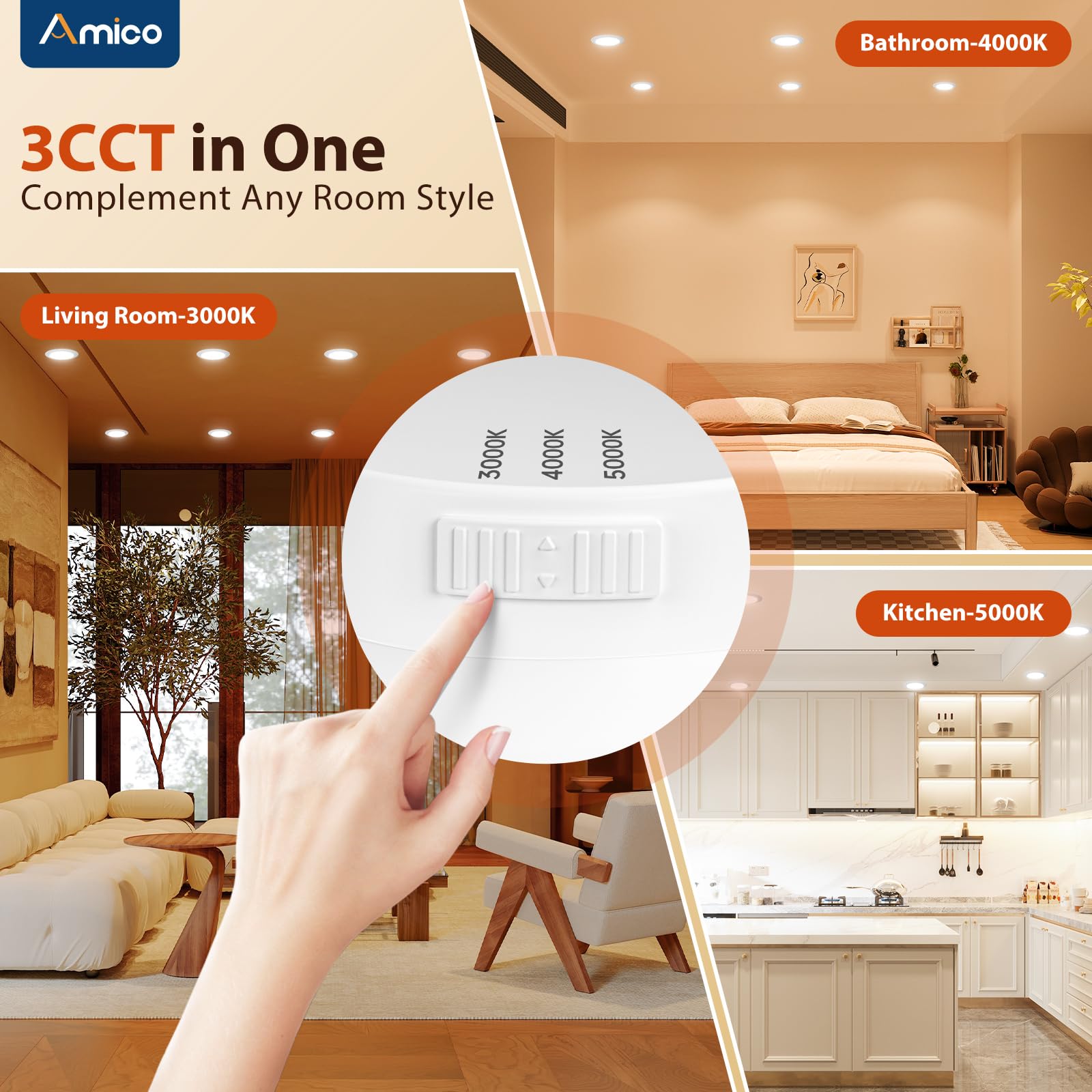 Amico 5/6 Inch 3Cct Led Recessed Lighting 12 Pack, Dimmable, Damp Rated, 12.5W=100W, 950Lm Can Lights With Baffle Trim, 3000K/4000K/5000K Selectable, Retrofit Installation - Etl & Fcc Certified