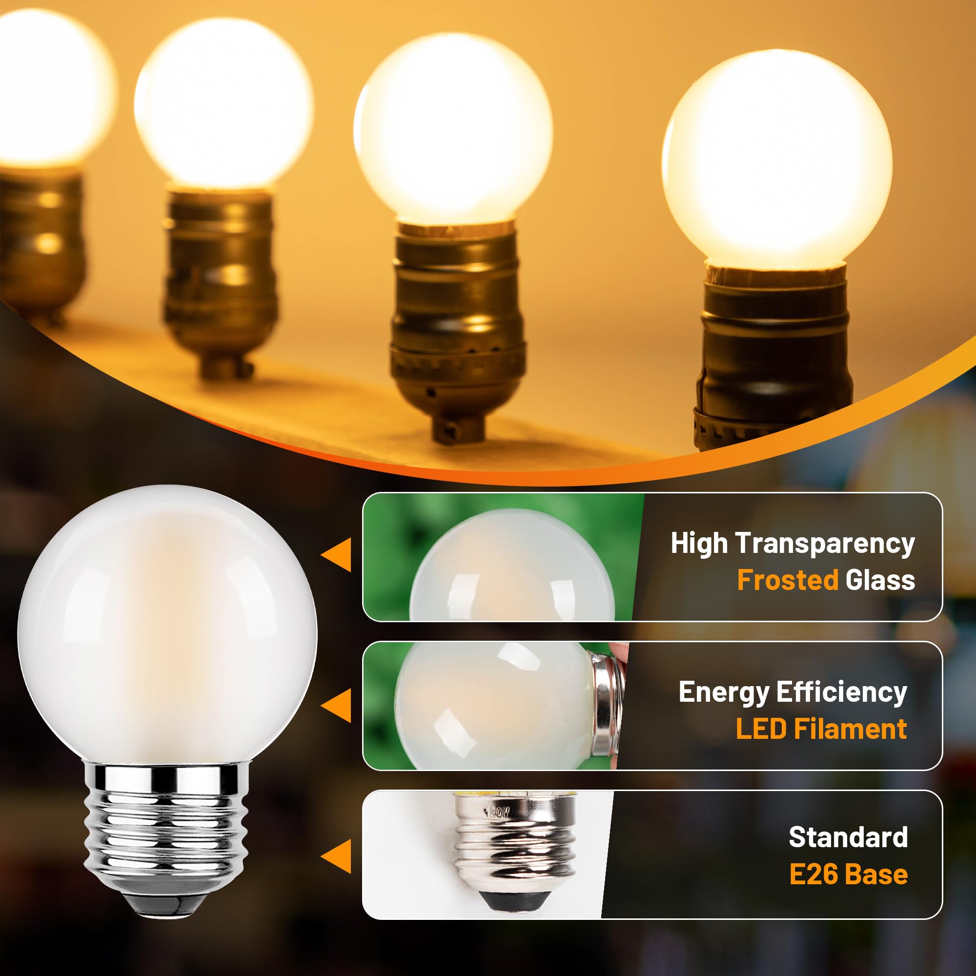Sphoon Dimmable E26 Led Edison Light Bulbs Frosted G16.5 4W Equal 40 Watt Decorative Globe Bulb For Vanity, Bathroom, Wall Sconc