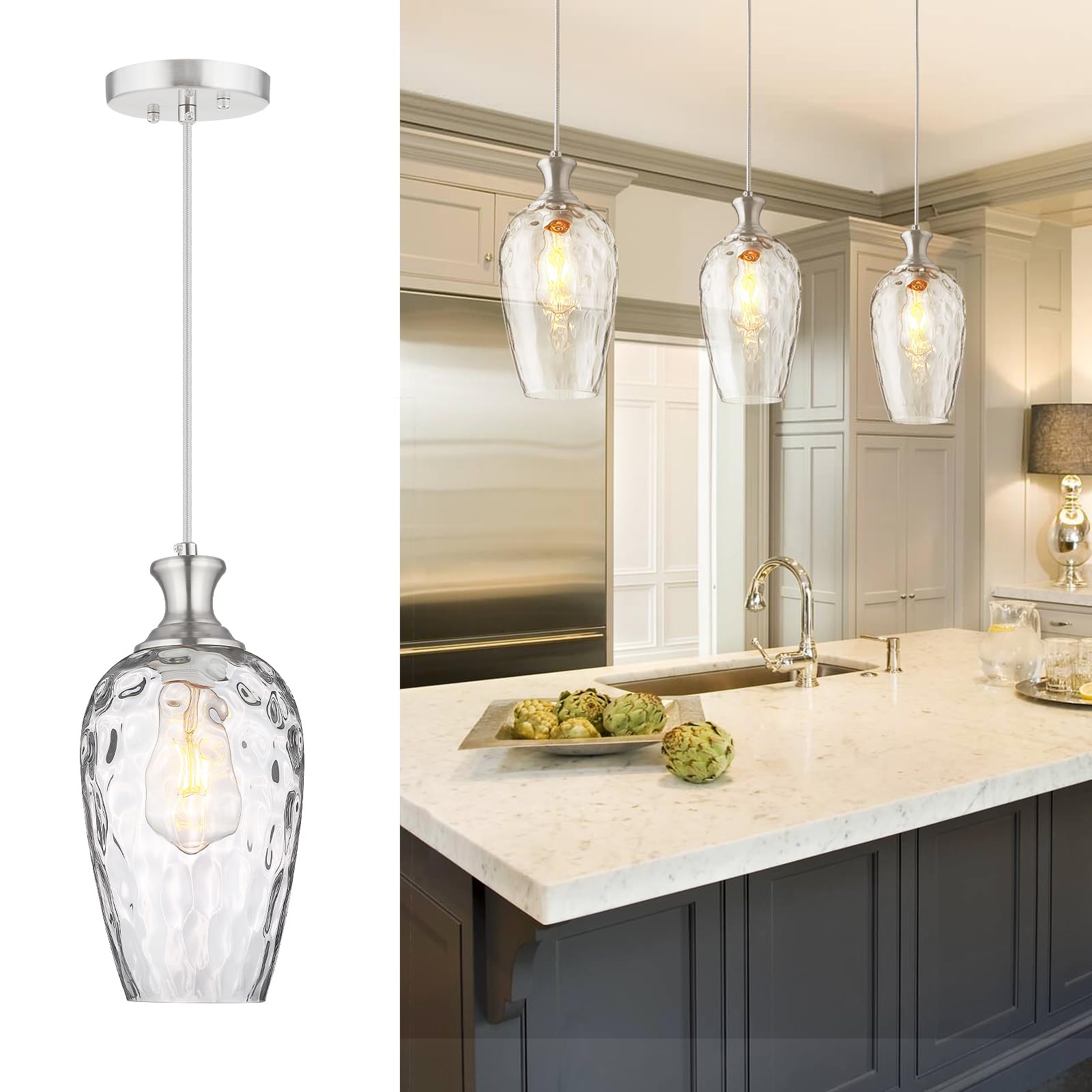 SADUENFR 3-Light Pendant Lighting  Modern Brushed Nickel Dining Room Chandelier Light Fixture Over Table with Hammered Glass  Brass Cluster Hanging Lights for Kitchen Island Dining Room Bedroom  E26
