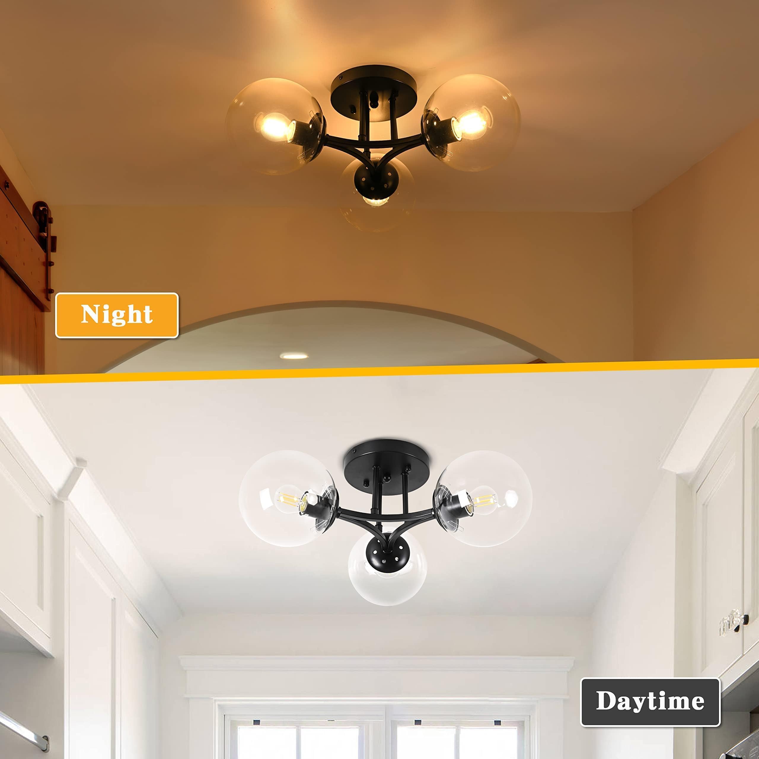 Bagood Mid Century Modern Ceiling Light Clear Globe Semi Flush Mount Ceiling Light Black Sputnik Light Fixture Chandeliers Clear Glass Matte Black Chandeliers Living Room Dining Room Bedroom 3 Lights
