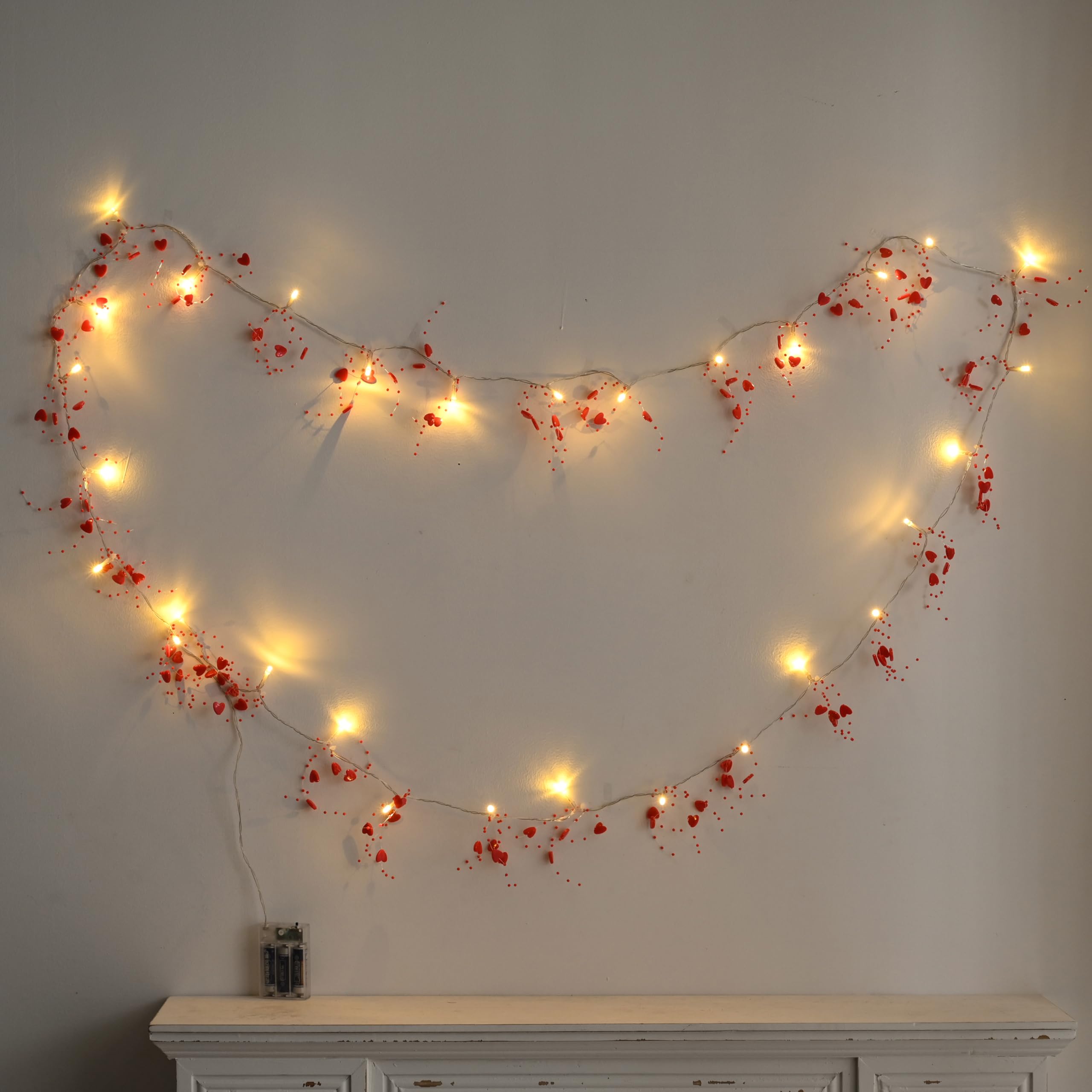 AOMOONOA [Timer] 10FT 30 LED Wedding Garland with Lights Red Heart Light String Battery Operated, Love Lights for Mantle, Firepl