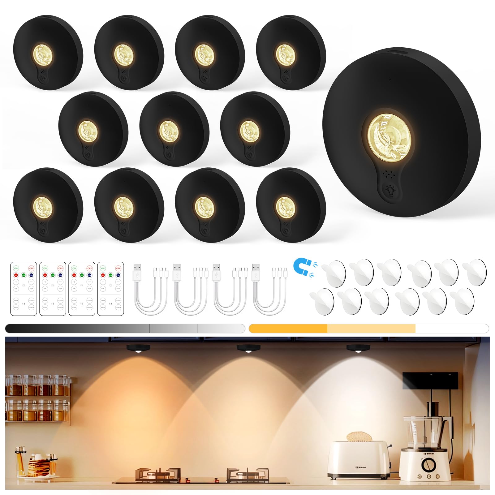 Yiliaw Rechargeable Puck Lights with Remote, 12 Pack Magnetic Under Cabinet Lighting, 1500mAh Battery Operated LED Tap Lights wi