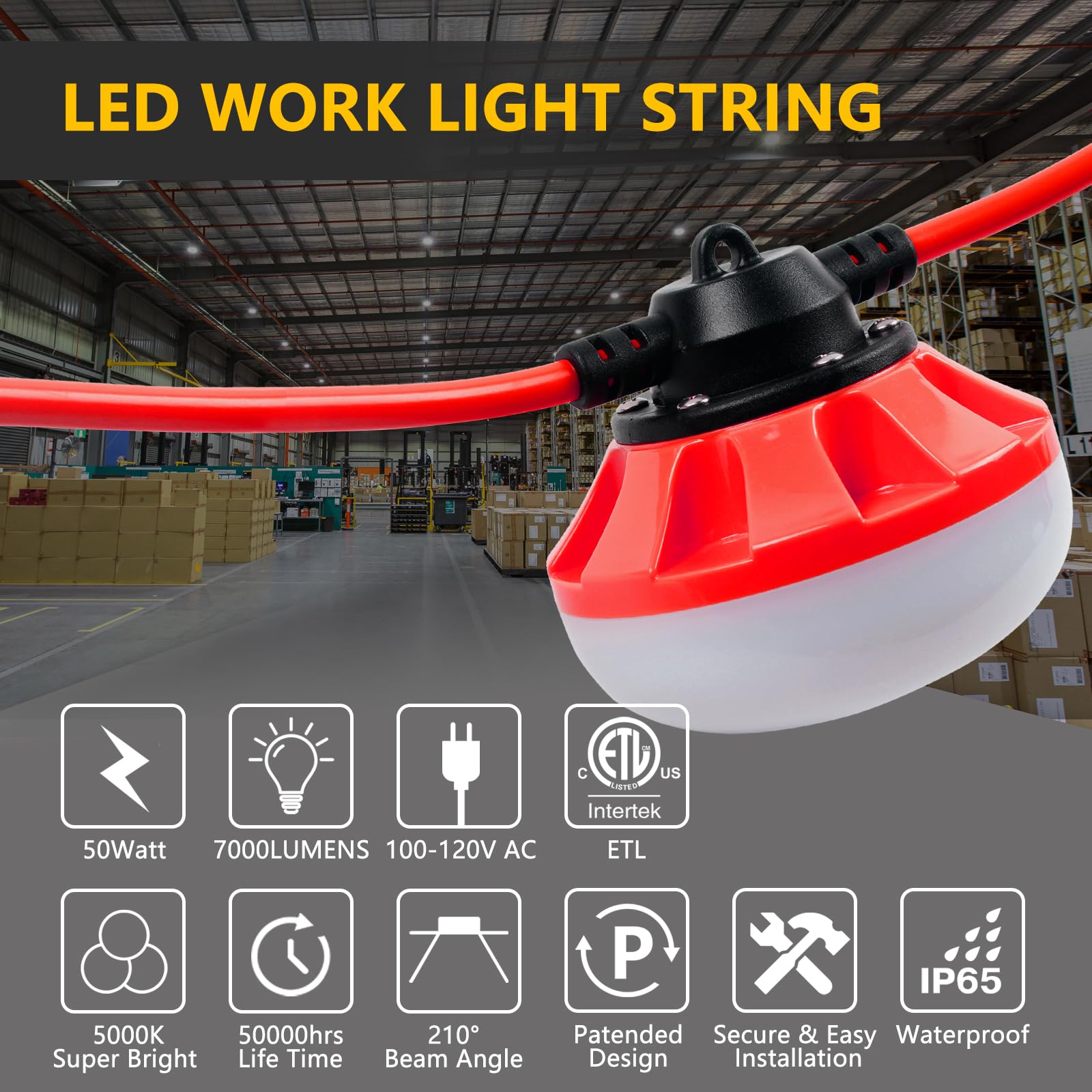 Muasdae 50Ft Led Construction String Lights Temporary Lighting 5000Lm Outdoor Construction Temporary Work Lights Super Bright,5