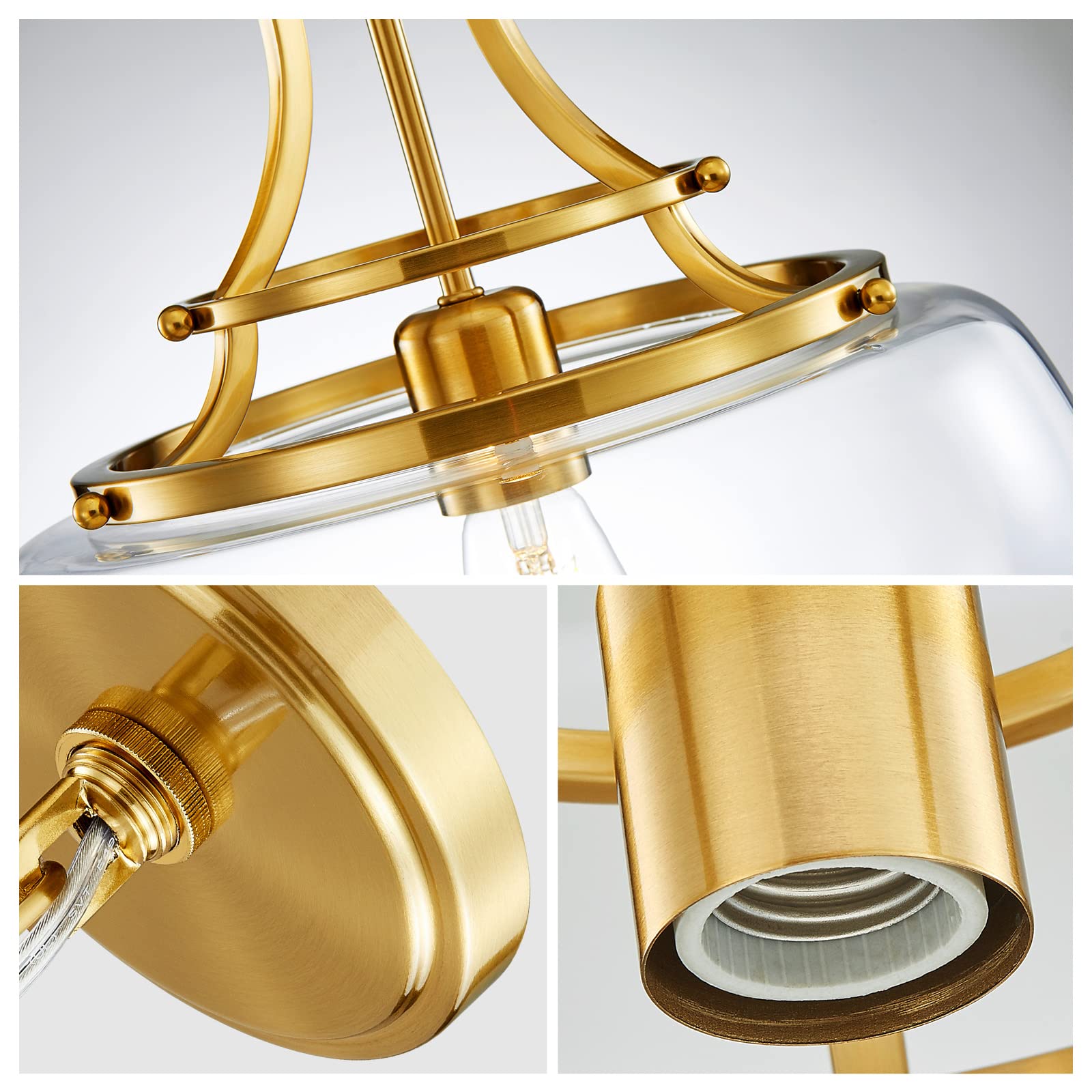 Wuzups Rustic Farmhouse Chandelier Pendant Light, Brushed Gold, Led, Clear Glass Shades, 17&quot;X13.4&quot;