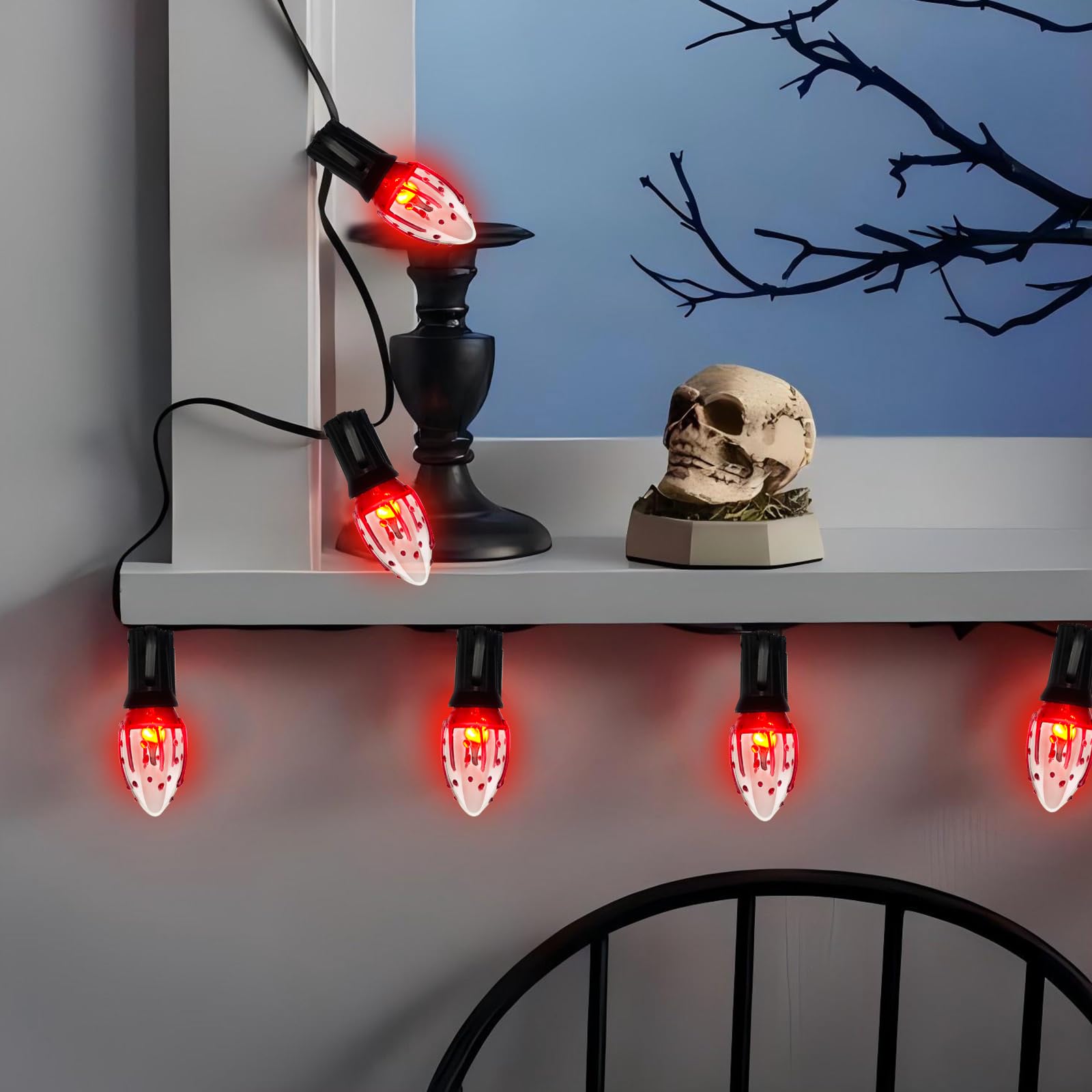C9 Halloween Pathway Lights Outdoor, 38Ft Halloween Blood Teardrop Pathway String Lights With 25 C9 Flicker Flame Lights, Hallow