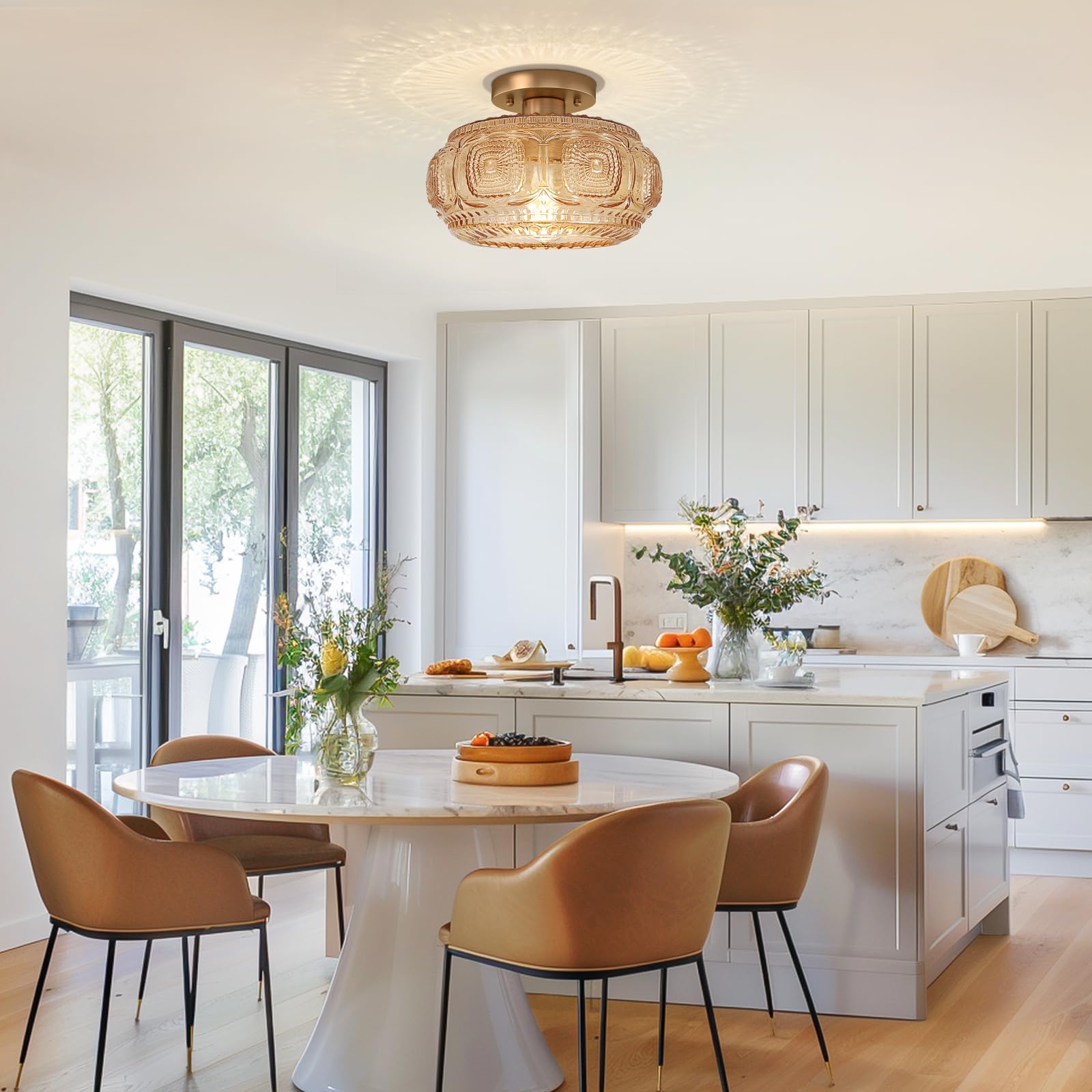 Oykyohei Semi Flush Mount Ceiling Light  Upgraded Larger Amber Glass Ceiling Light Fixture  Vintage Lighting For Hallway Kitchen Bedroom Dining Room  Bulb Not Included