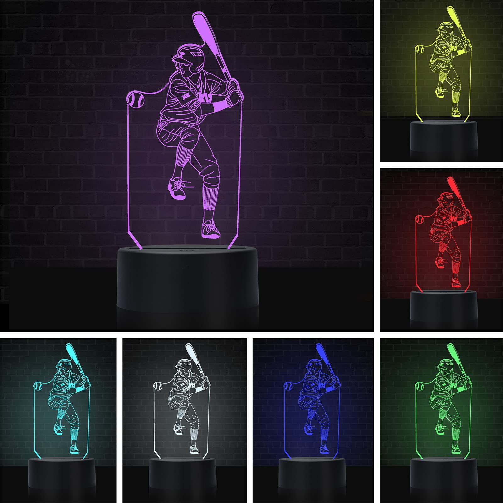 SHANJIANKE Baseball Player 3D Night Light Touch Control - 7 Colors Auto Gradient Night Light, Acrylic and ABS Base Optical Illus