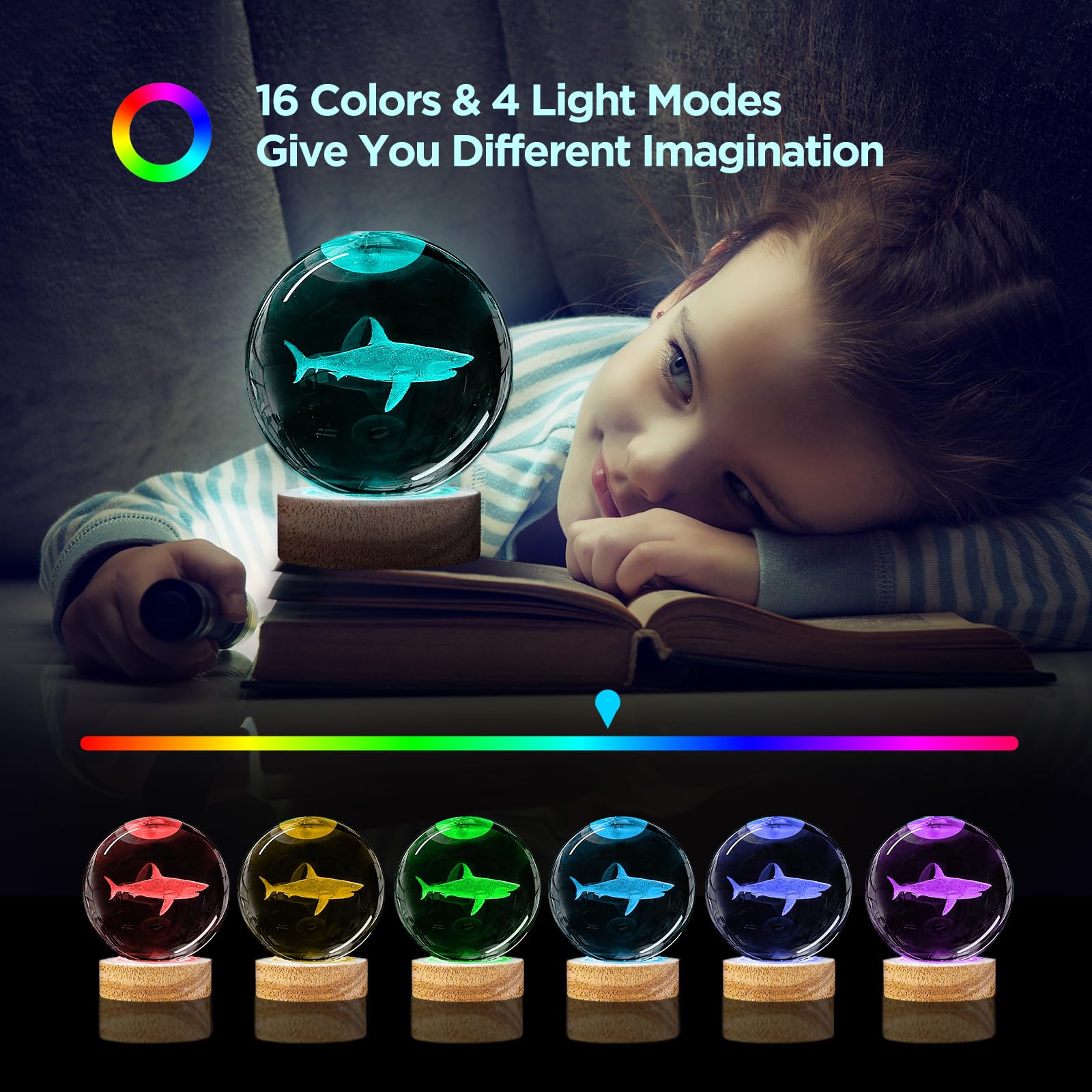 3D Shark Crystal Ball Night Light With Remote Lifelike 3.15 In Shark Sea Animal Glass Ball Lamps With 16 Color Led Wooden Base For Birthday Holiday  Cool Shark Toy Room Decor Gifts For Boys Girls Kids