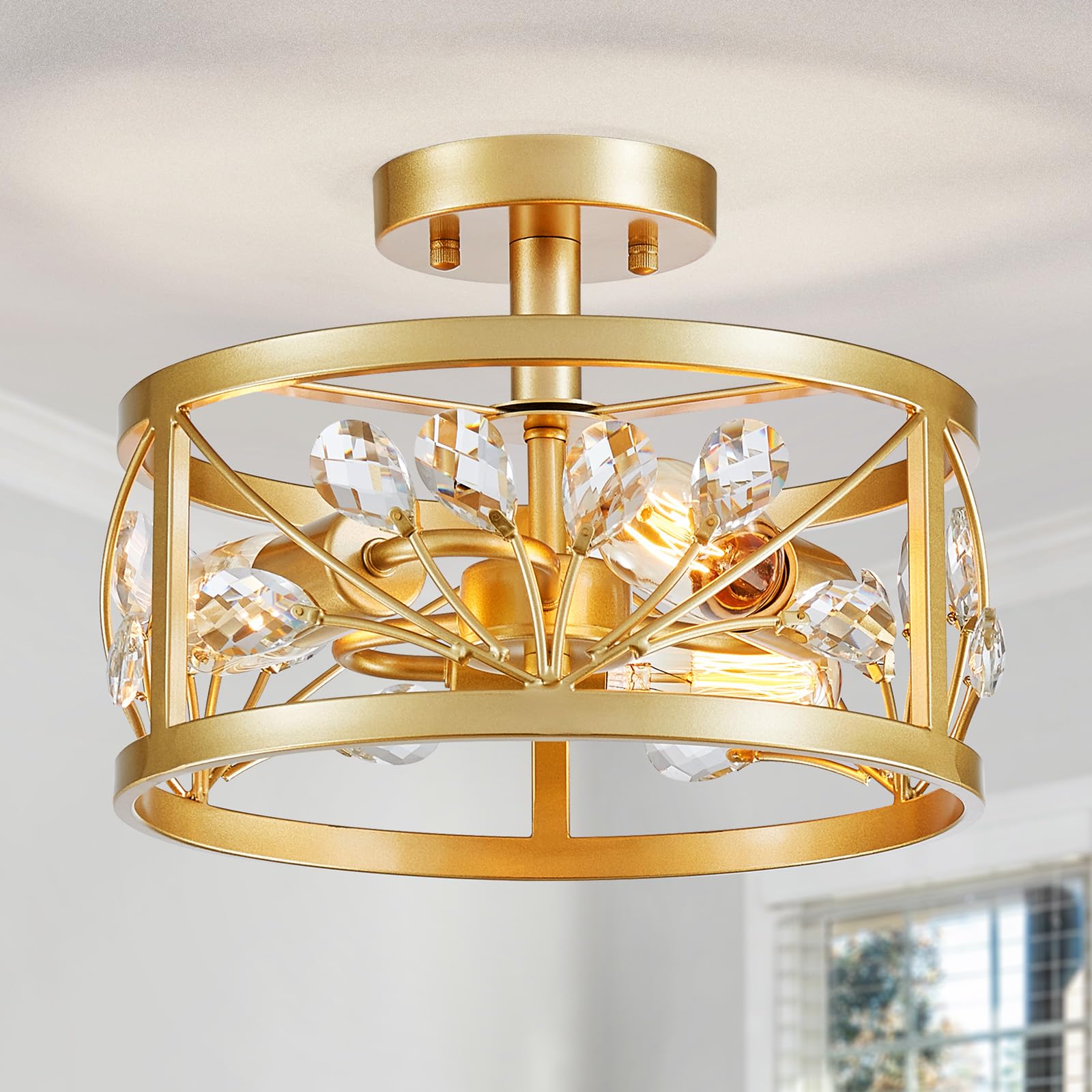 WUZUPS Crystal Leaf Chandelier 3-Light Vintage Farmhouse Industrial Semi-Flush Mount Ceiling Light Modern Lighting Fixture for F