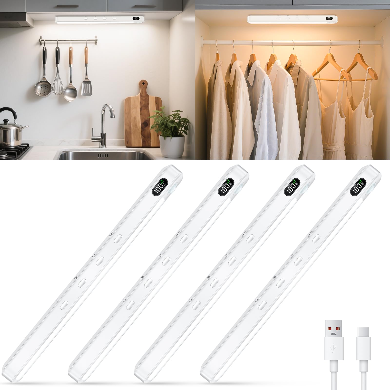 WILLED Under Cabinet & Closet Lights, Motion Sensor, Rechargeable, Magnetic, 3 Color Temps, Dimmable LED Light Bar for Indoor Ki