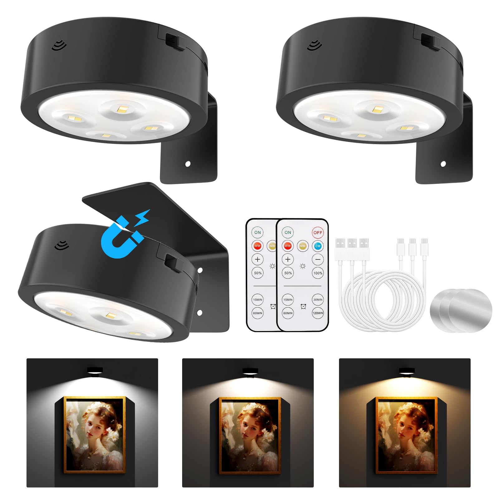 Tututry Picture Lights - Rechargeable LED Wall Lights, 3 Modes, Remote Dimmable, Black, 6 Pack, Model QBHD001