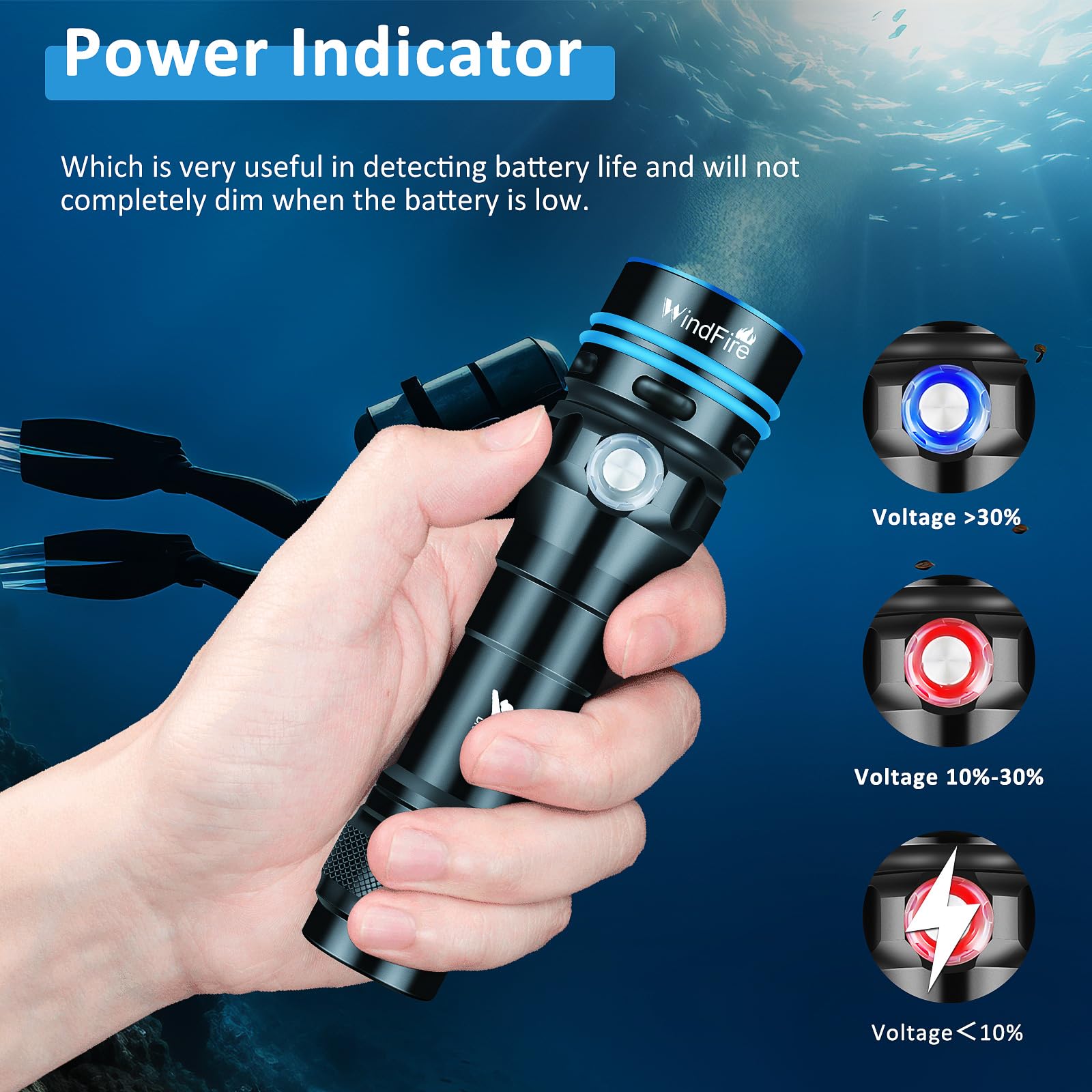 Windfire Dive Light - Super Bright Rechargeable Diving Flashlight With 4 Modes & Power Indicator  Narrow Angle Focused Beam  Waterproof Torch For Snorkeling  Scuba Diving & Underwater Exploration