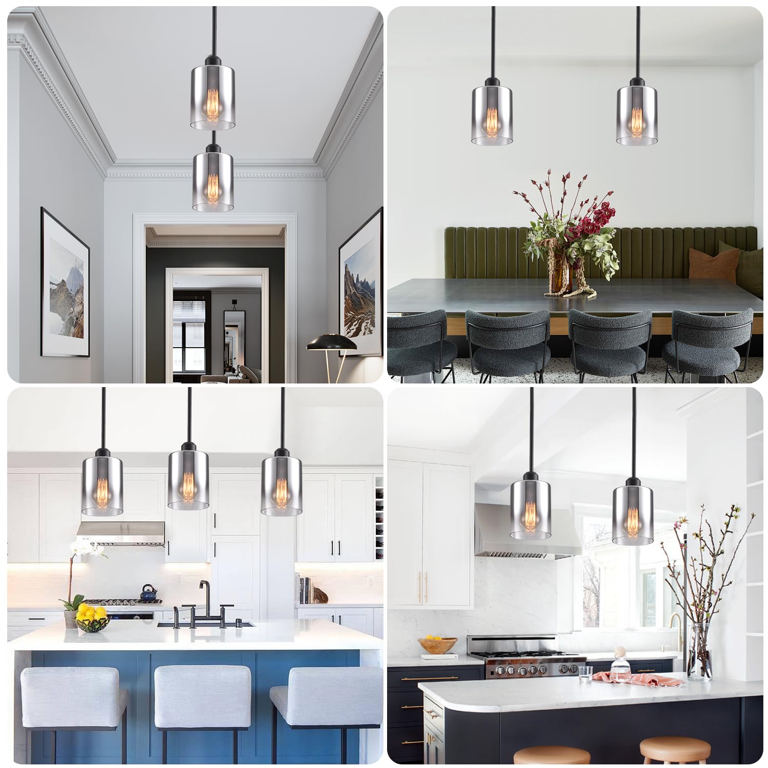 Ihengyanlt 2 Pack Pendant Light Kitchen Island Pendant Lighting  Hanging Light With Silver Gradient Glass Shade  Black Modern Indoor Hanging Lamp