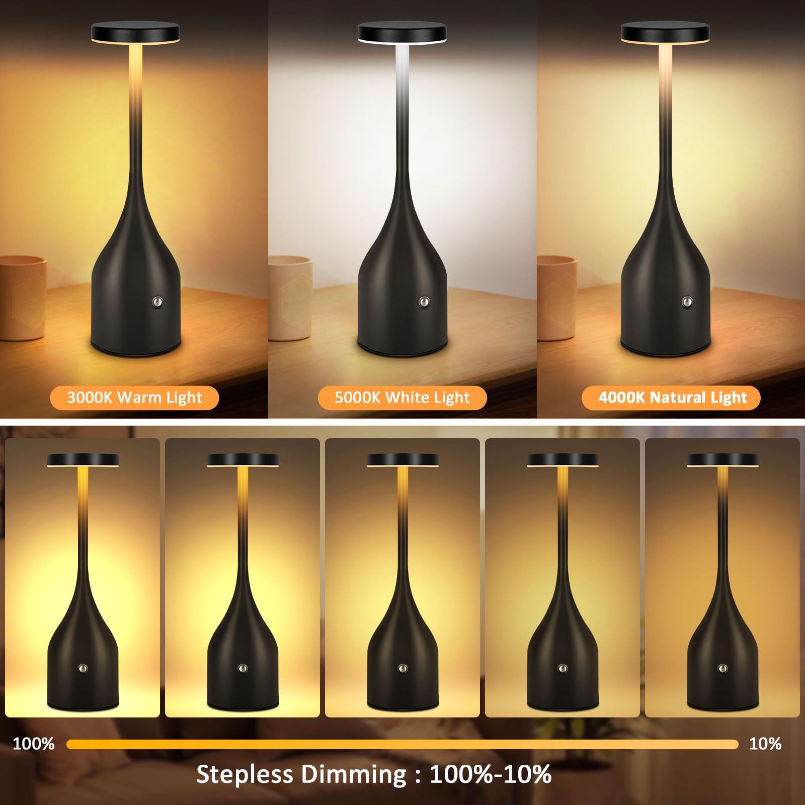FenFud Cordless Table Lamp - 5000mAh LED Light, Waterproof, 2 Pack, Black