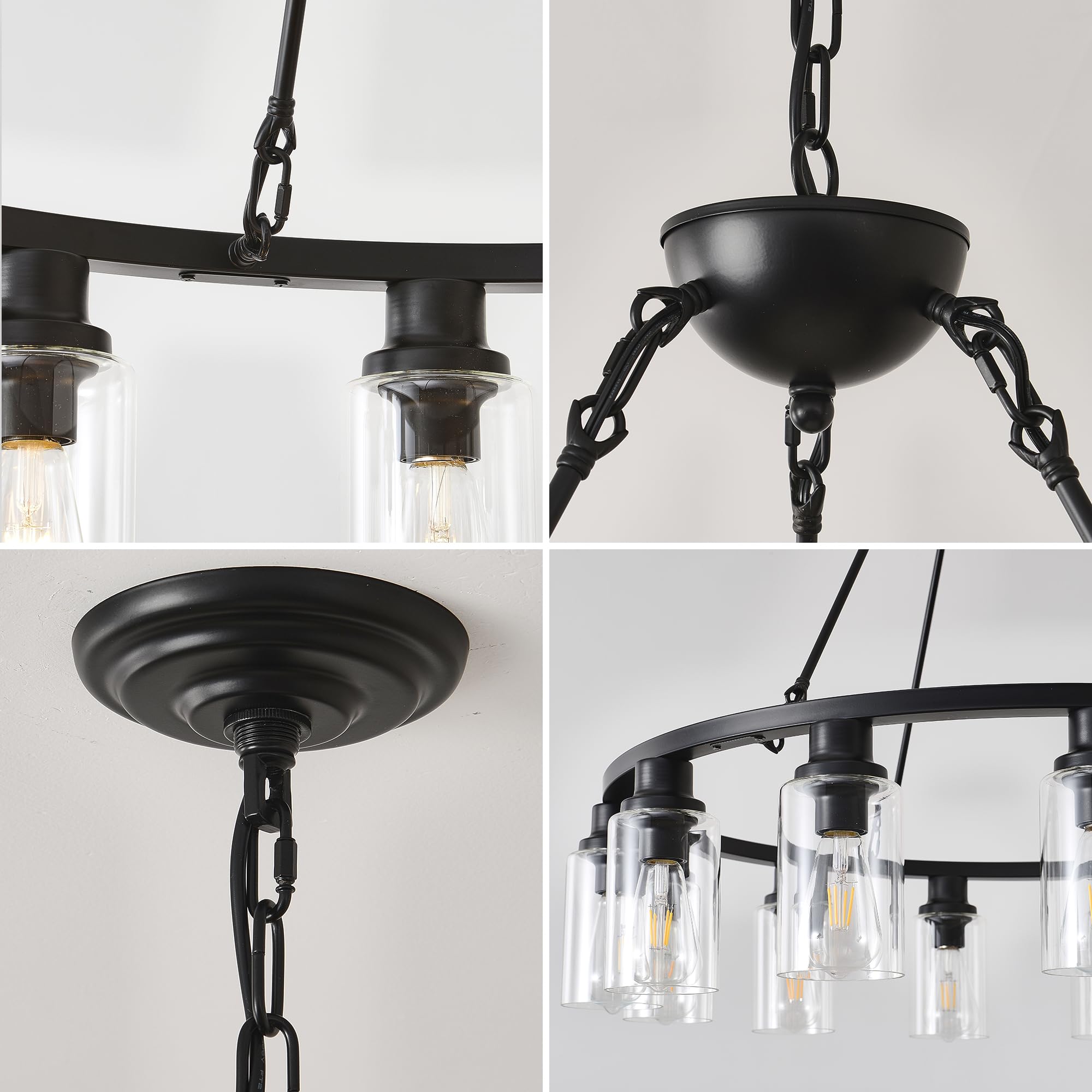 Jtyp 24&quot; Black Wagon Wheel Chandelier, 6-Light Farmhouse Pendant Light For Kitchen & Living Room