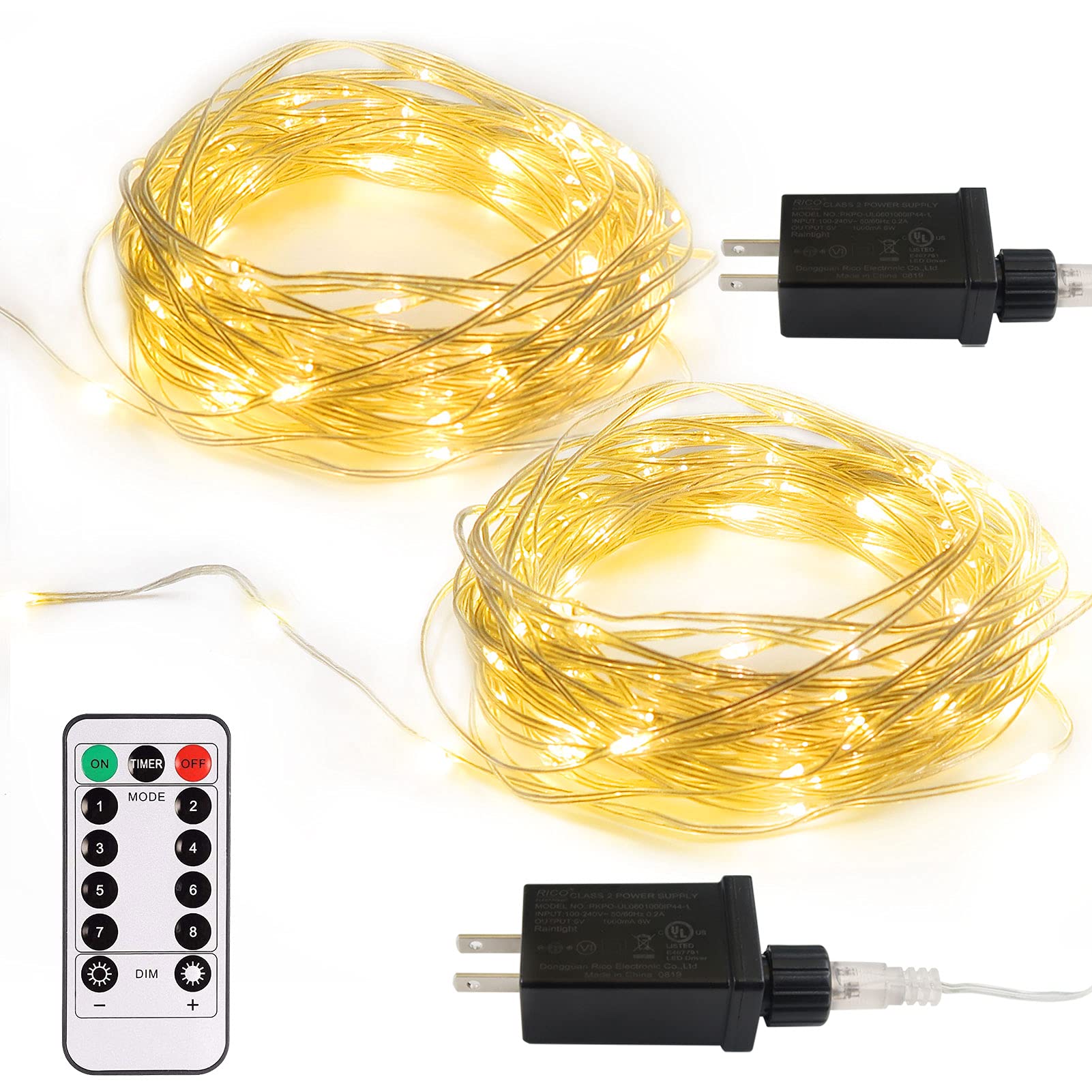 echosari 2 Pack Fairy String Lights, 33Ft, 100 Micro LED, IP68 Waterproof, Remote, Warm White, Model DMO-300
