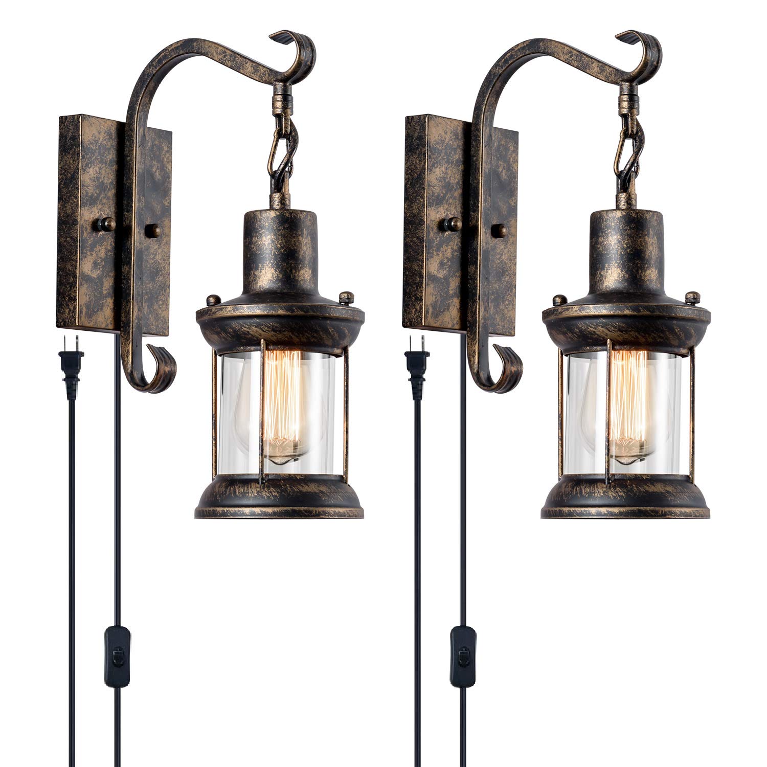 GLADFRESIT Rustic Wall Lamps, Lantern Wall Sconce Plug in Oil Rubbed Bronze Antique Wall Sconce Fixtures Farmhouse Interior Wall